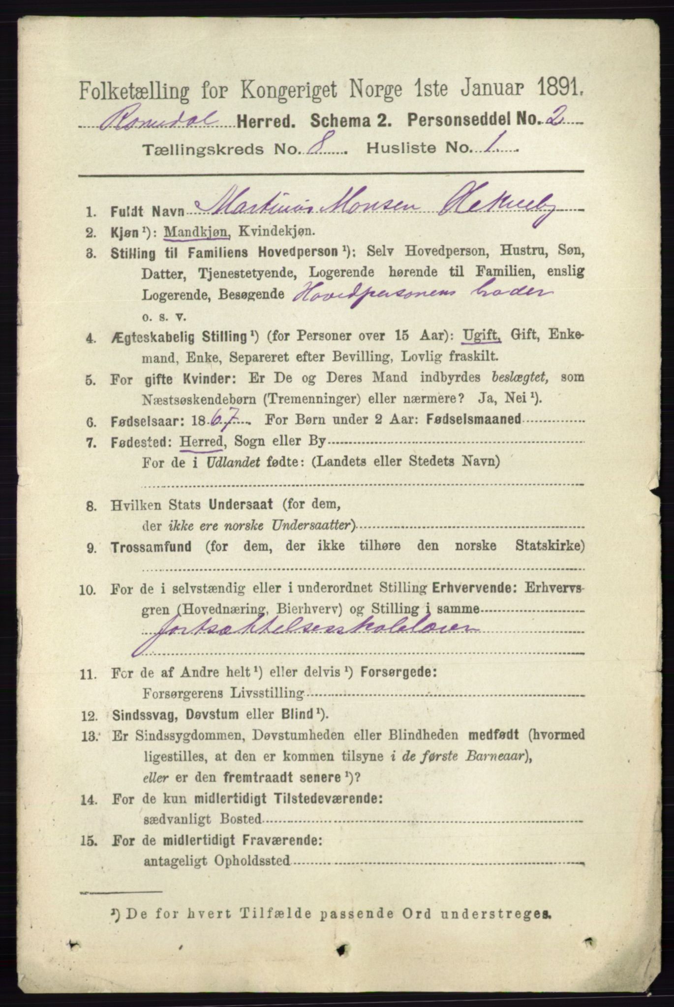 RA, 1891 census for 0416 Romedal, 1891, p. 3965