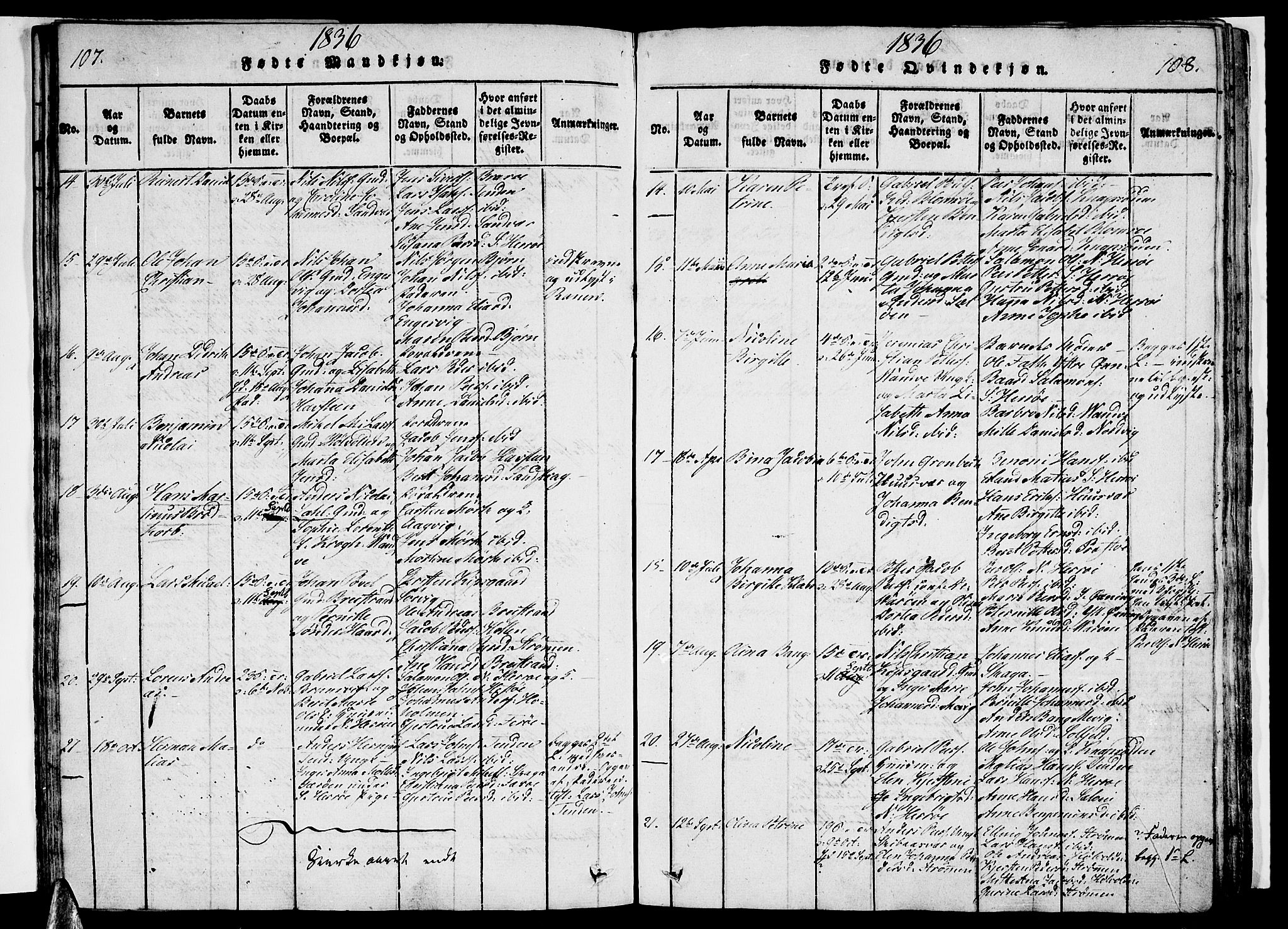 Ministerialprotokoller, klokkerbøker og fødselsregistre - Nordland, AV/SAT-A-1459/834/L0510: Parish register (copy) no. 834C01, 1820-1847, p. 107-108