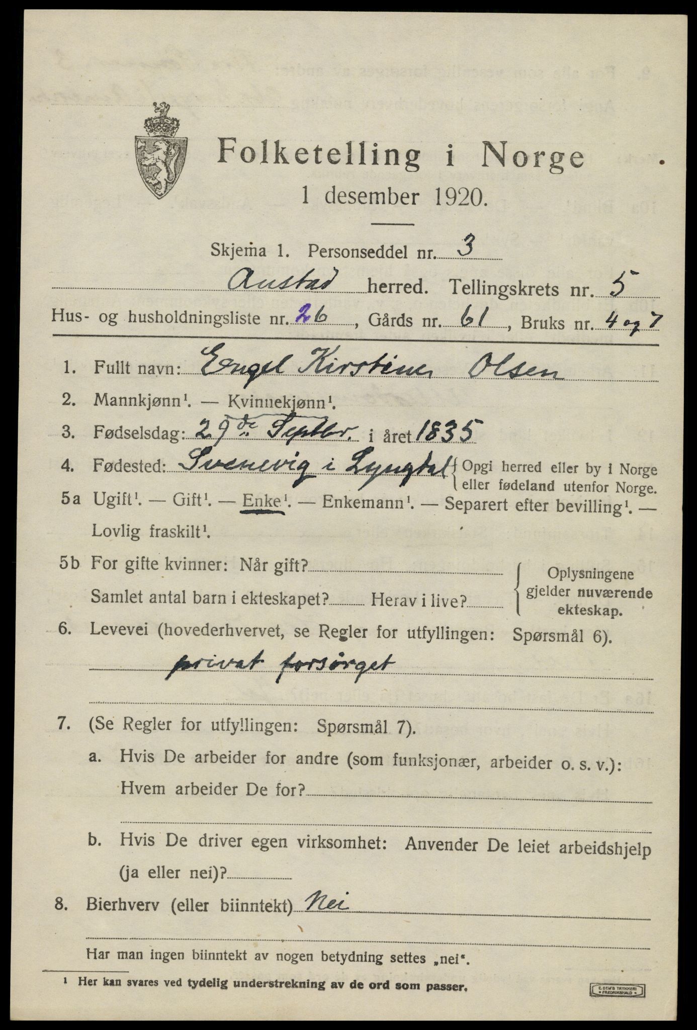 SAK, 1920 census for Austad, 1920, p. 1865