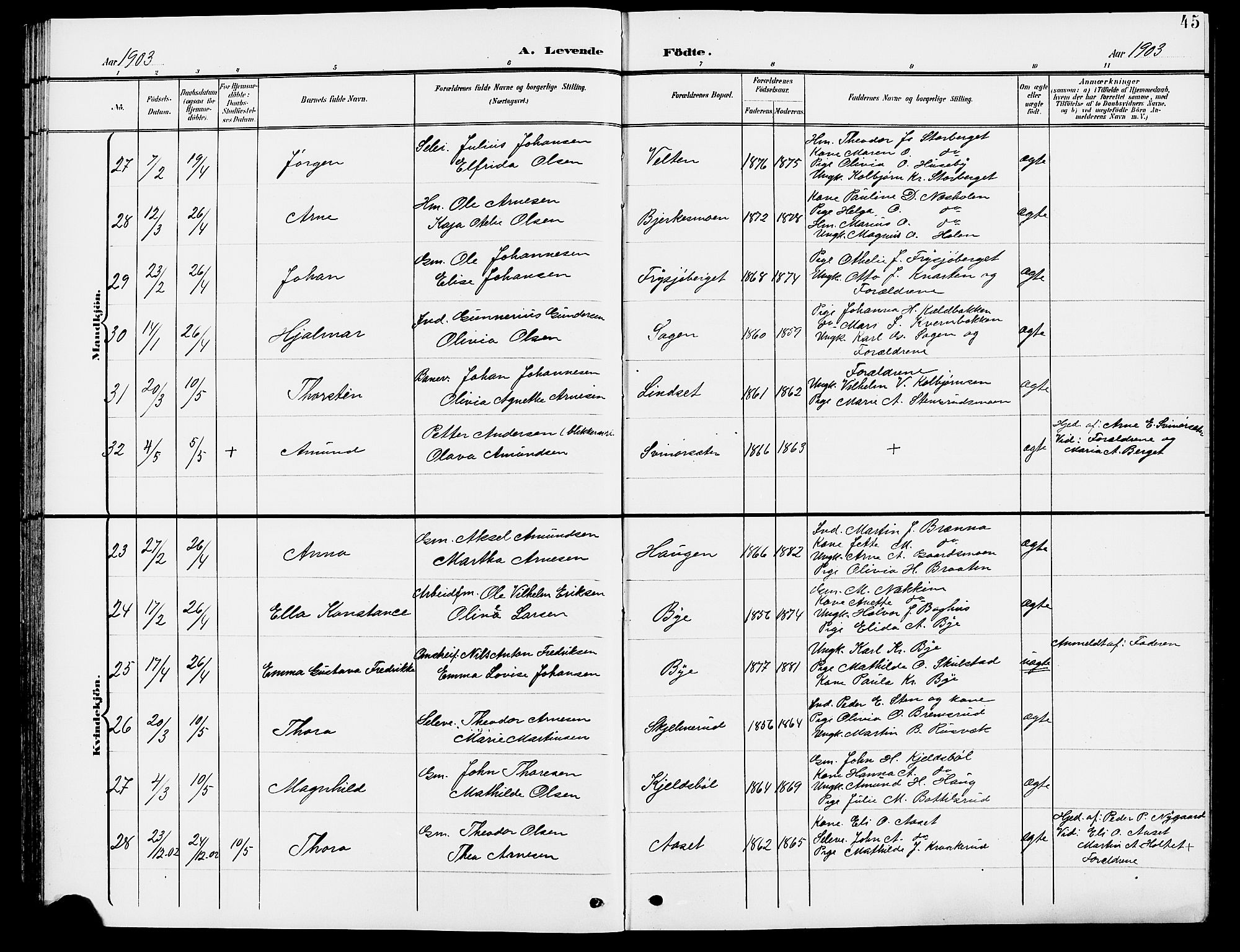 Grue prestekontor, AV/SAH-PREST-036/H/Ha/Hab/L0005: Parish register (copy) no. 5, 1900-1909, p. 45