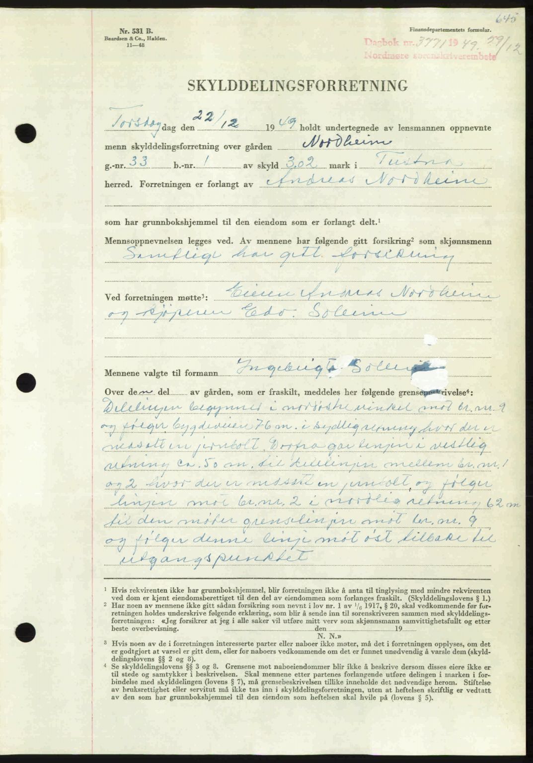 Nordmøre sorenskriveri, AV/SAT-A-4132/1/2/2Ca: Mortgage book no. A113, 1949-1950, Diary no: : 3771/1949