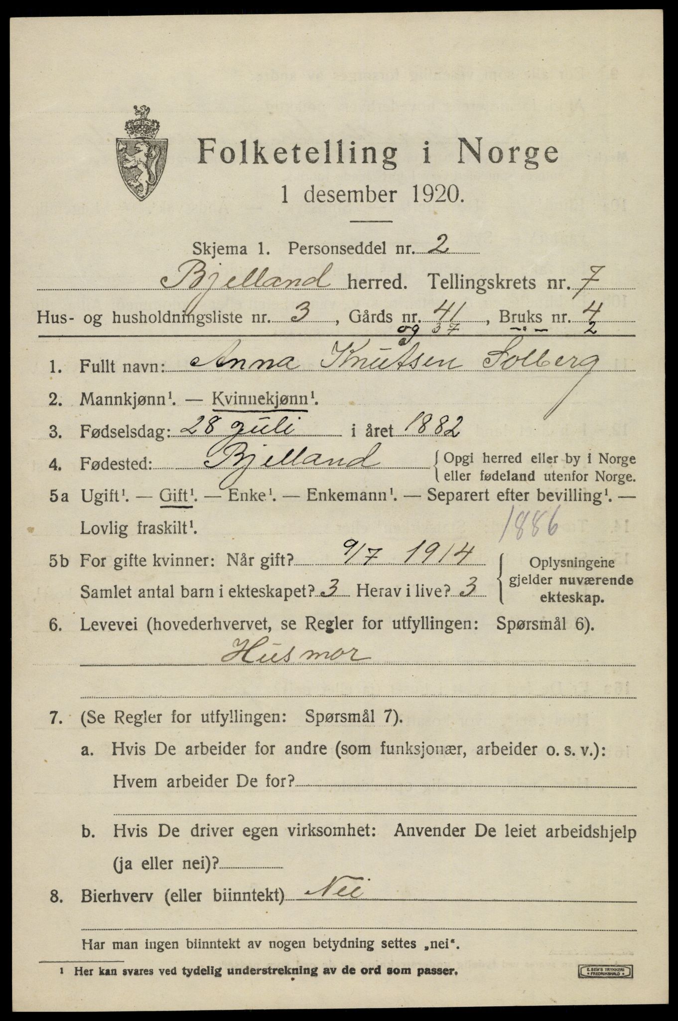 SAK, 1920 census for Bjelland, 1920, p. 2073