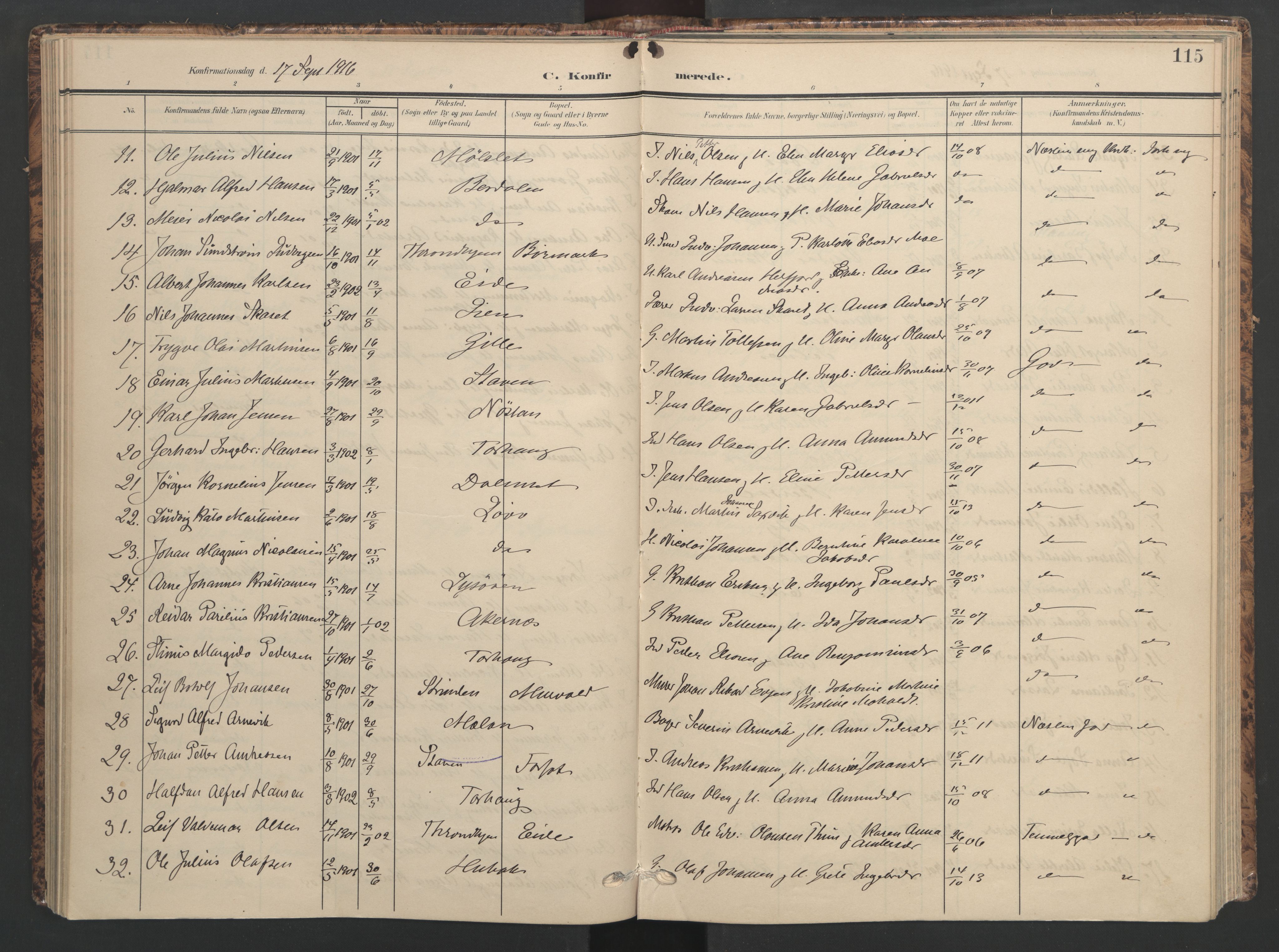 Ministerialprotokoller, klokkerbøker og fødselsregistre - Sør-Trøndelag, SAT/A-1456/655/L0682: Parish register (official) no. 655A11, 1908-1922, p. 115