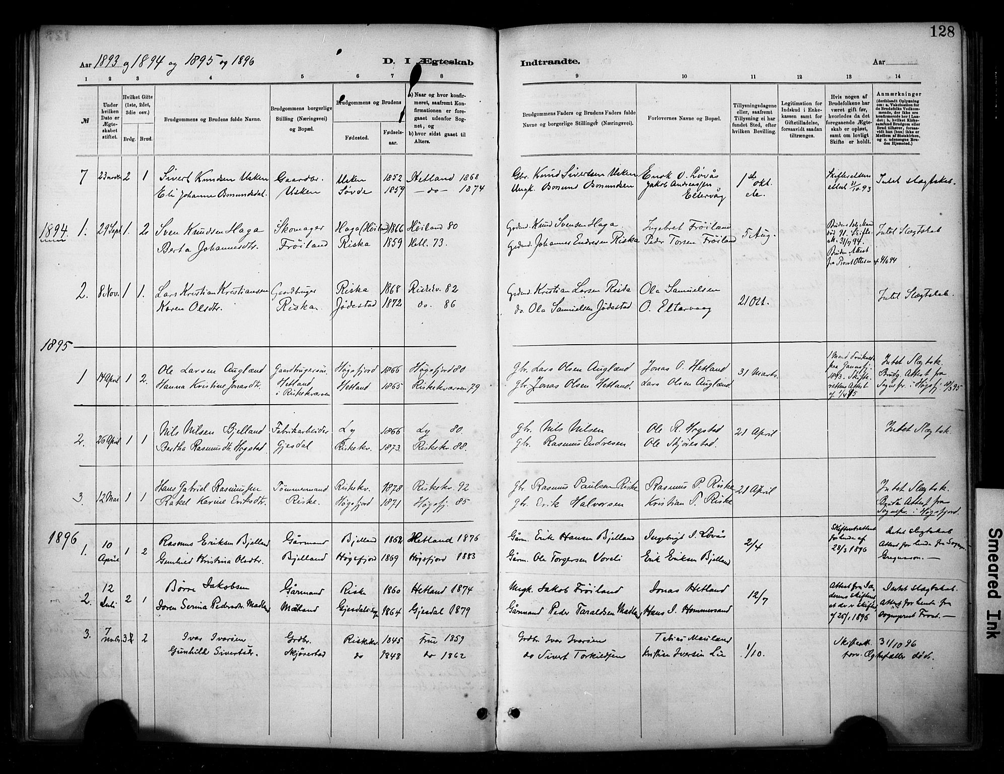 Hetland sokneprestkontor, SAST/A-101826/30/30BA/L0010: Parish register (official) no. A 10, 1882-1925, p. 128