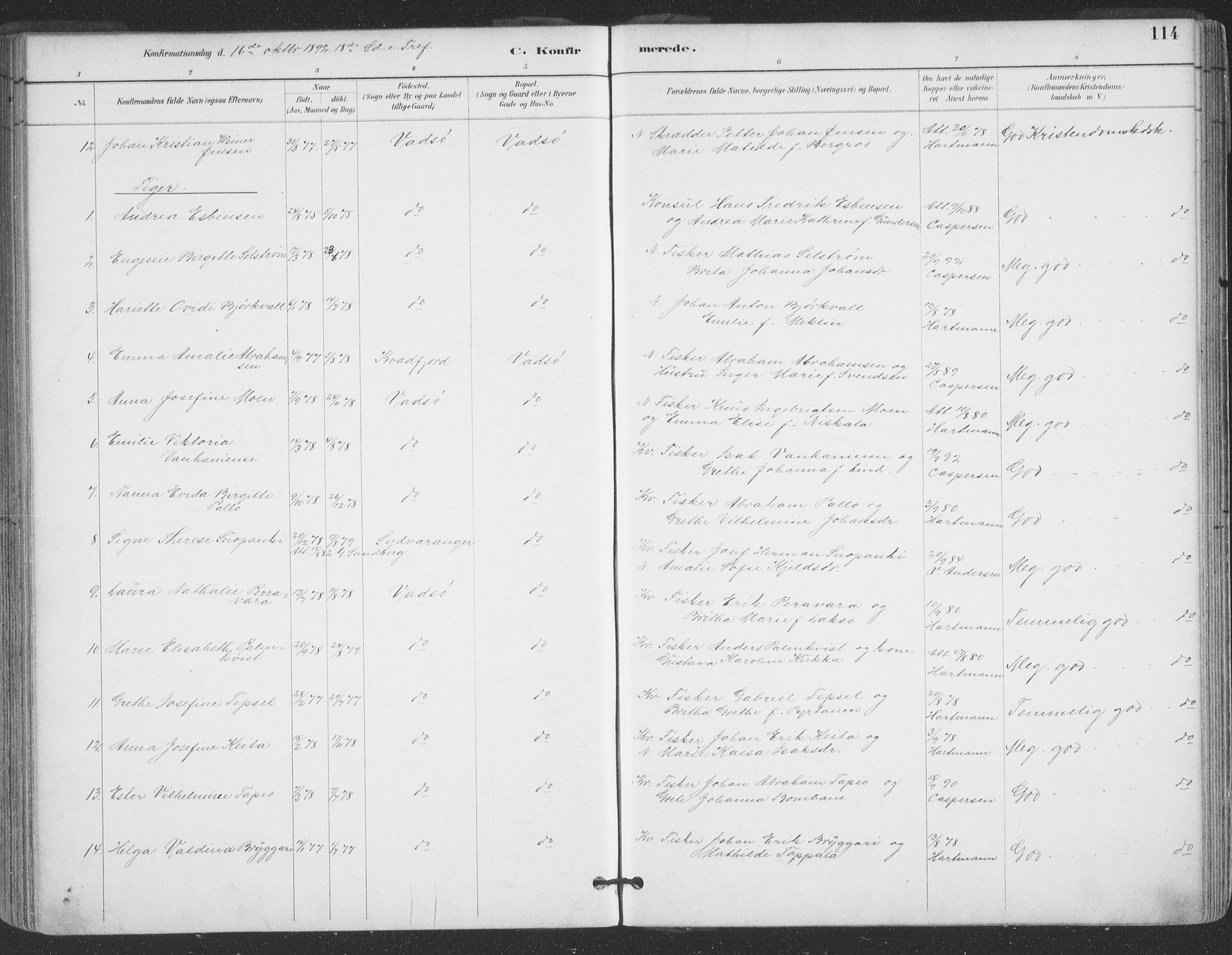 Vadsø sokneprestkontor, AV/SATØ-S-1325/H/Ha/L0006kirke: Parish register (official) no. 6, 1885-1895, p. 114