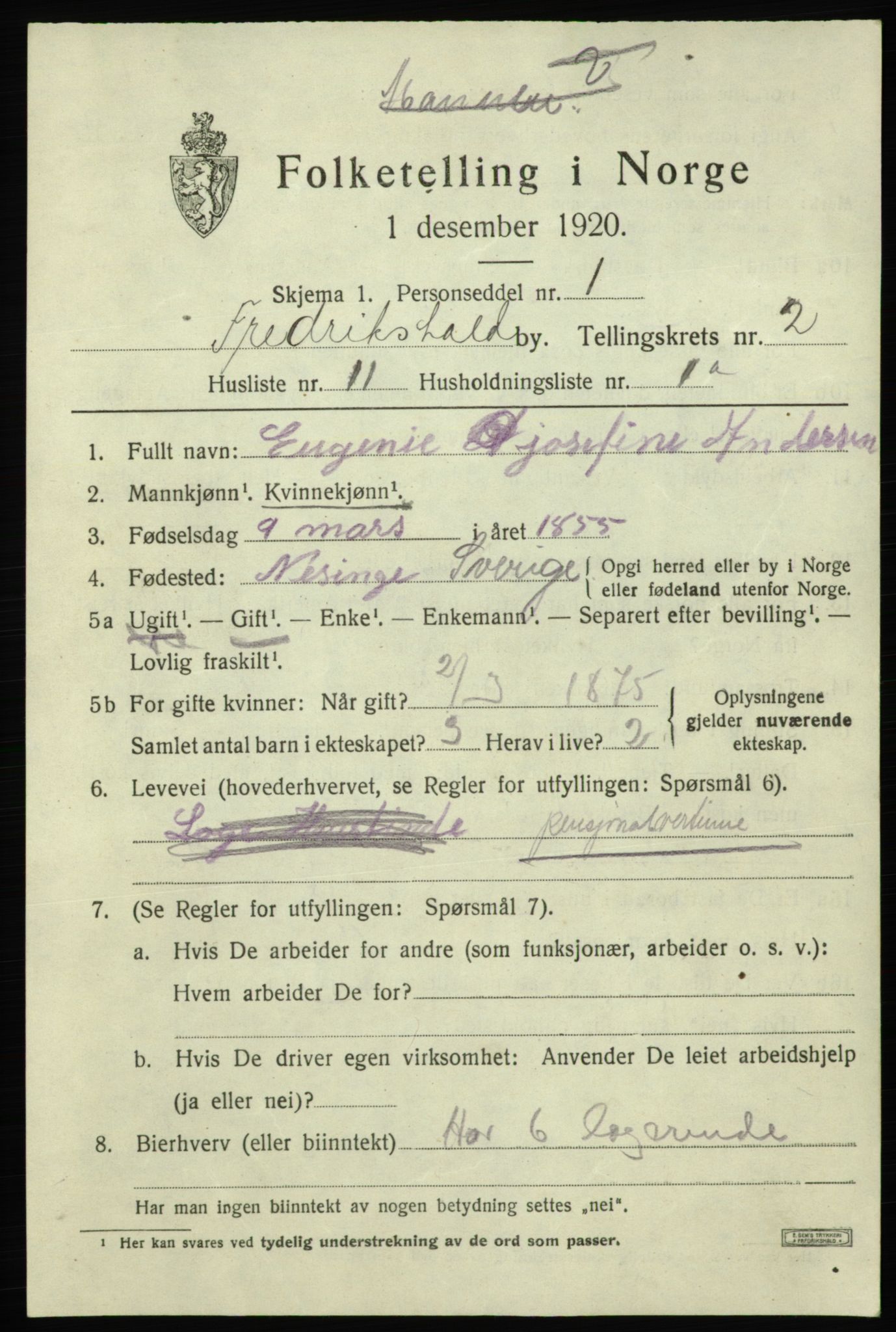 SAO, 1920 census for Fredrikshald, 1920, p. 9446