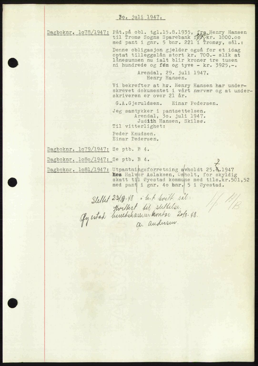 Nedenes sorenskriveri, SAK/1221-0006/G/Gb/Gba/L0057: Mortgage book no. A9, 1947-1947, Diary no: : 1078/1947