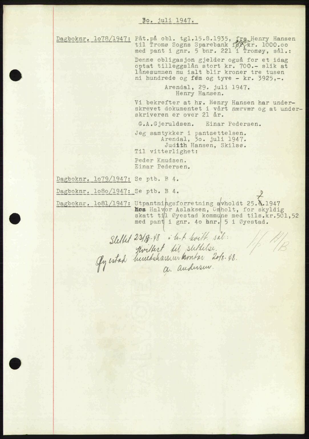 Nedenes sorenskriveri, AV/SAK-1221-0006/G/Gb/Gba/L0057: Mortgage book no. A9, 1947-1947, Diary no: : 1078/1947