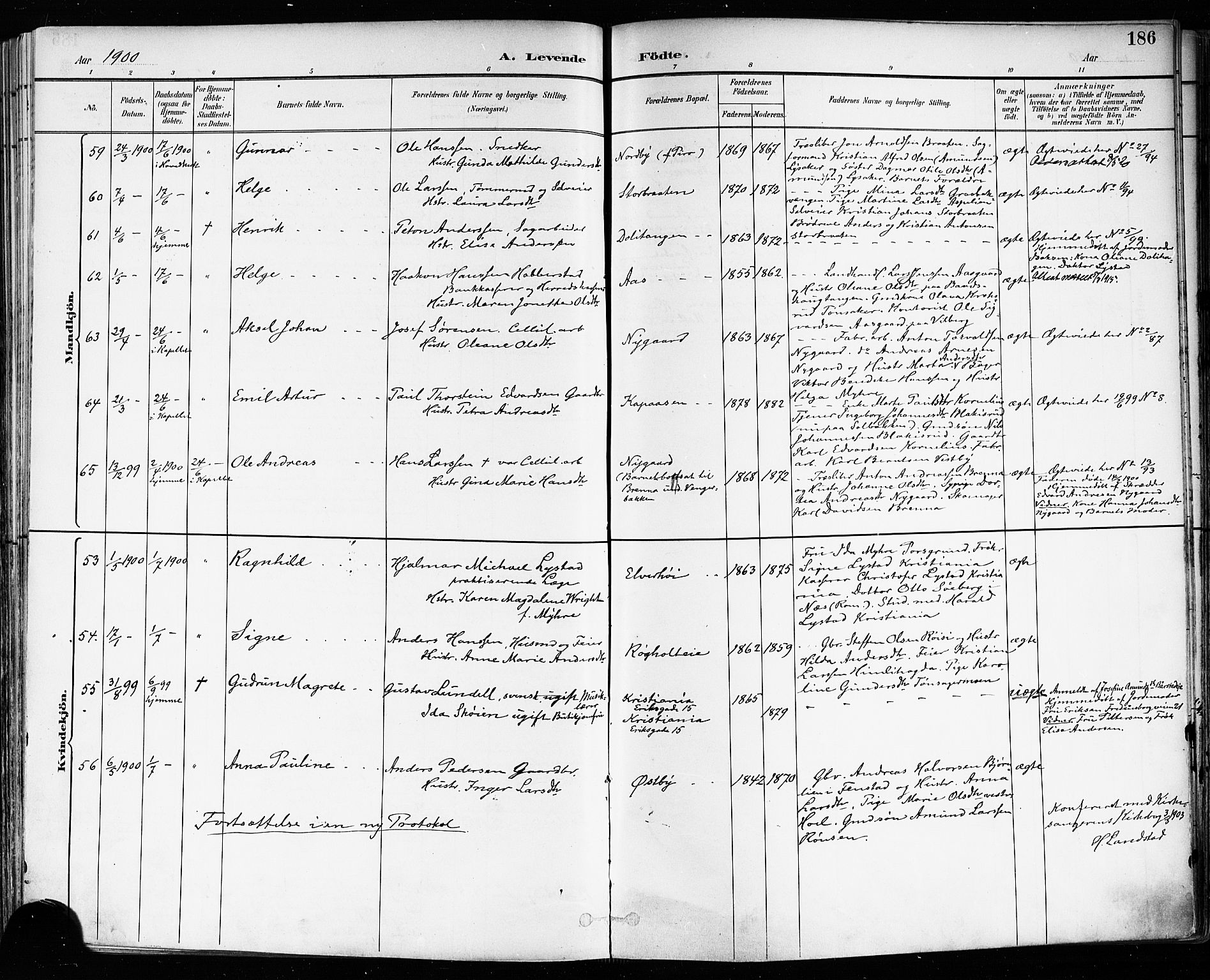 Eidsvoll prestekontor Kirkebøker, SAO/A-10888/F/Fa/L0004: Parish register (official) no. I 4, 1891-1900, p. 186