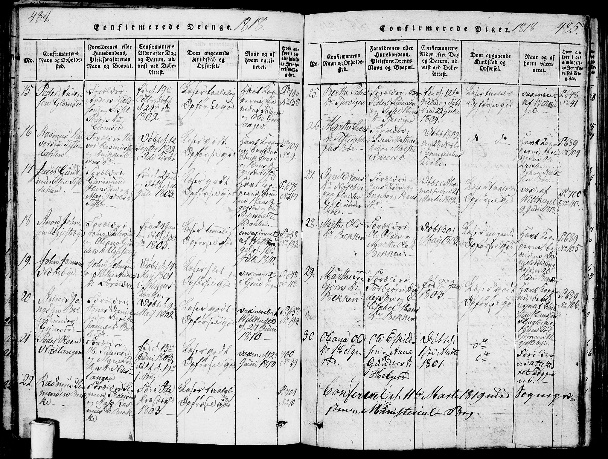 Berg prestekontor Kirkebøker, AV/SAO-A-10902/G/Ga/L0001: Parish register (copy) no. I 1, 1815-1832, p. 484-485