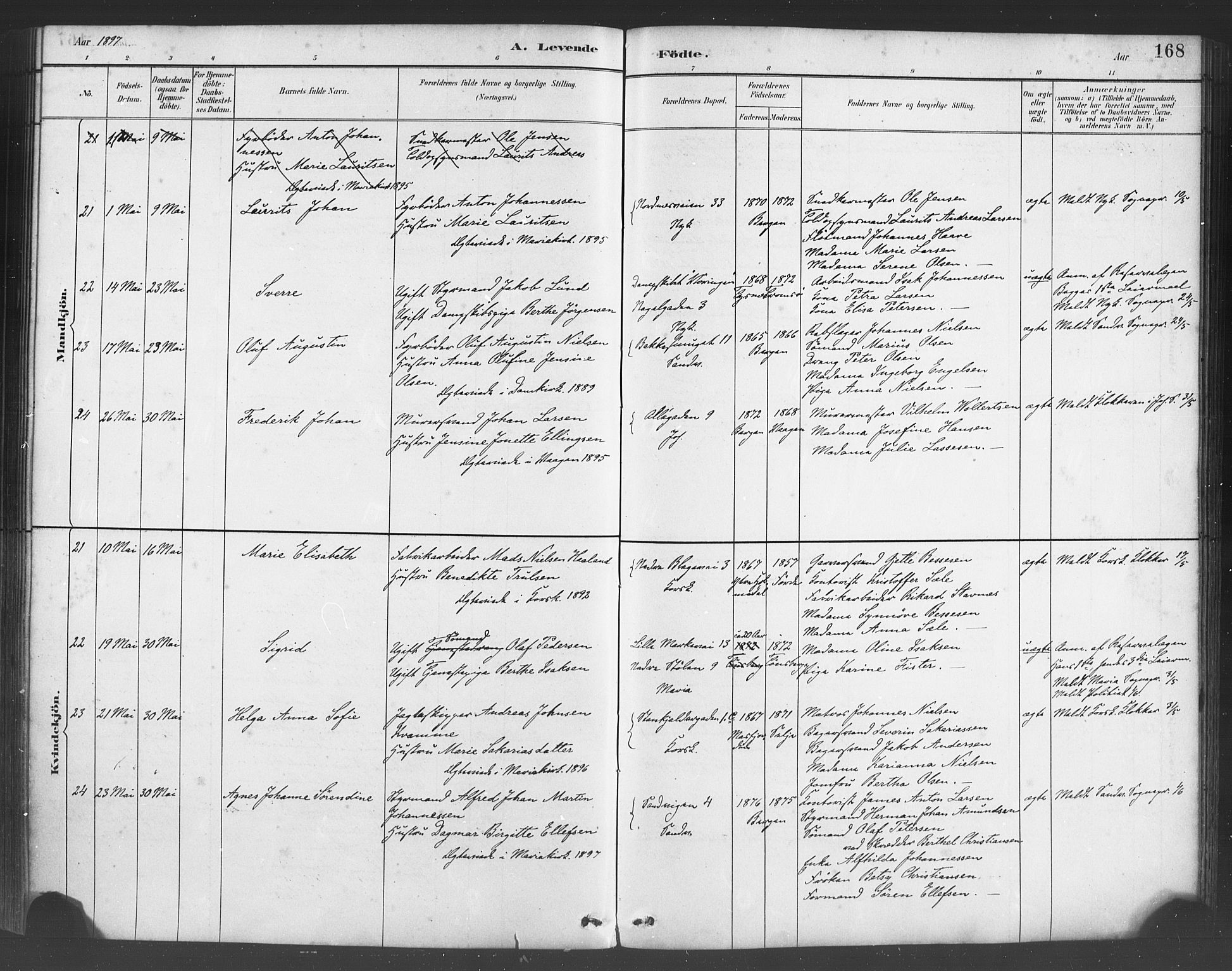 Fødselsstiftelsens sokneprestembete*, SAB/-: Parish register (official) no. A 2, 1884-1900, p. 168