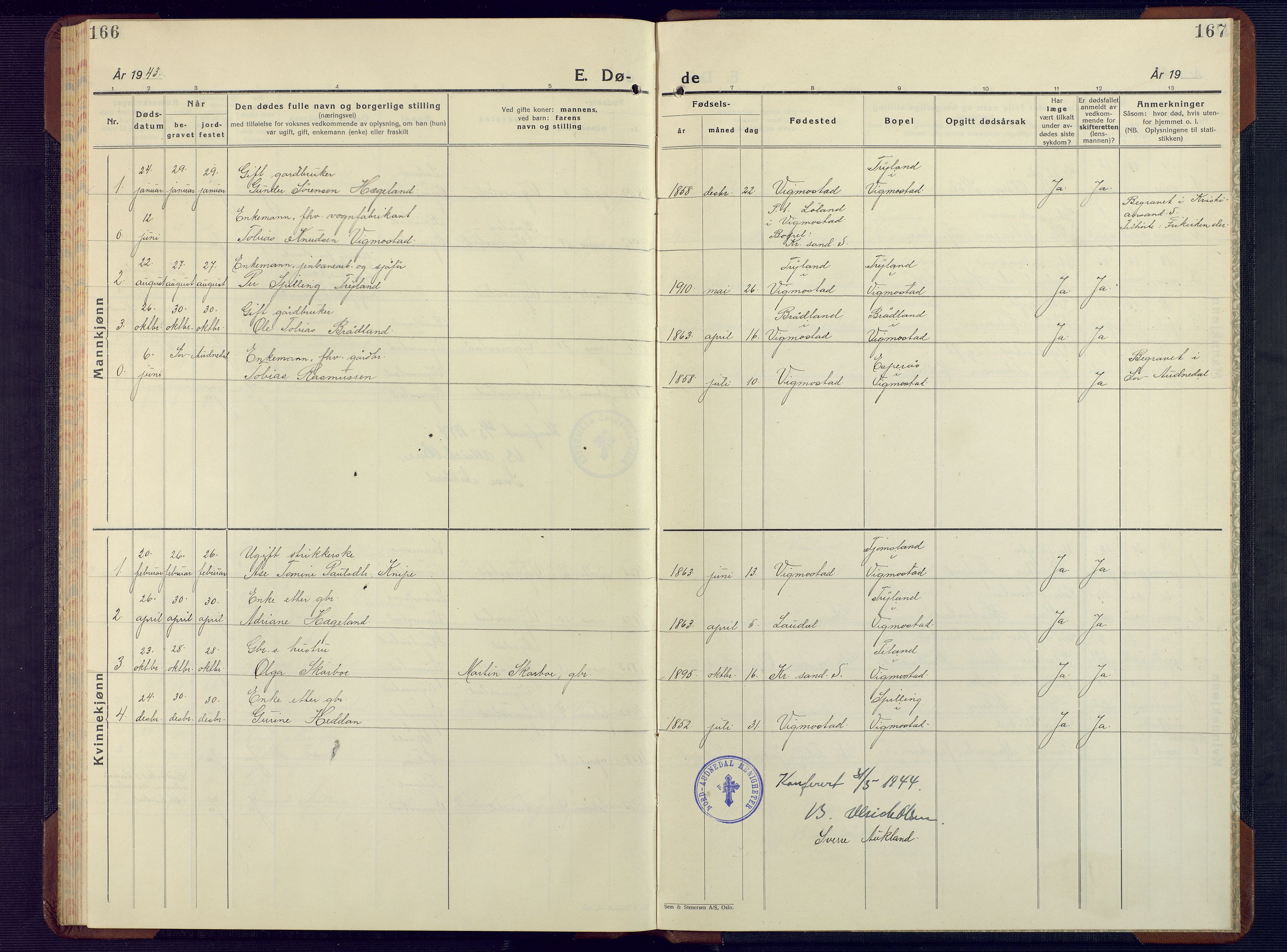 Nord-Audnedal sokneprestkontor, AV/SAK-1111-0032/F/Fb/Fbb/L0006: Parish register (copy) no. B 6, 1930-1948, p. 166-167