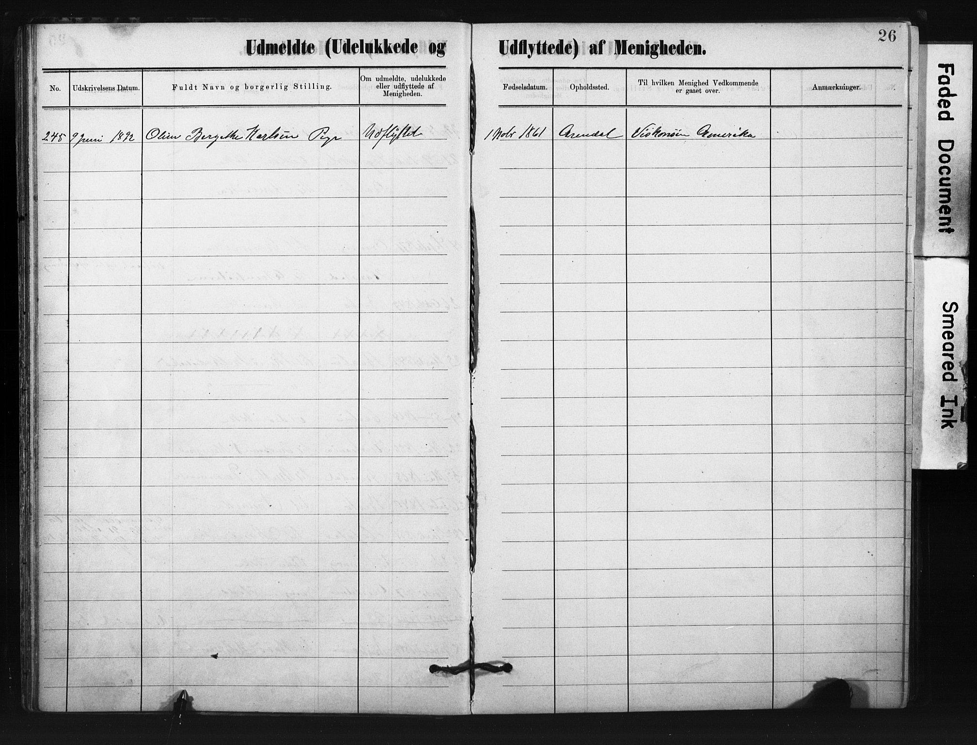 Metodistmenigheten, Arendal, SAK/1292-0011/F/Fa/L0004: Dissenter register no. F-4, 1883-1892, p. 26