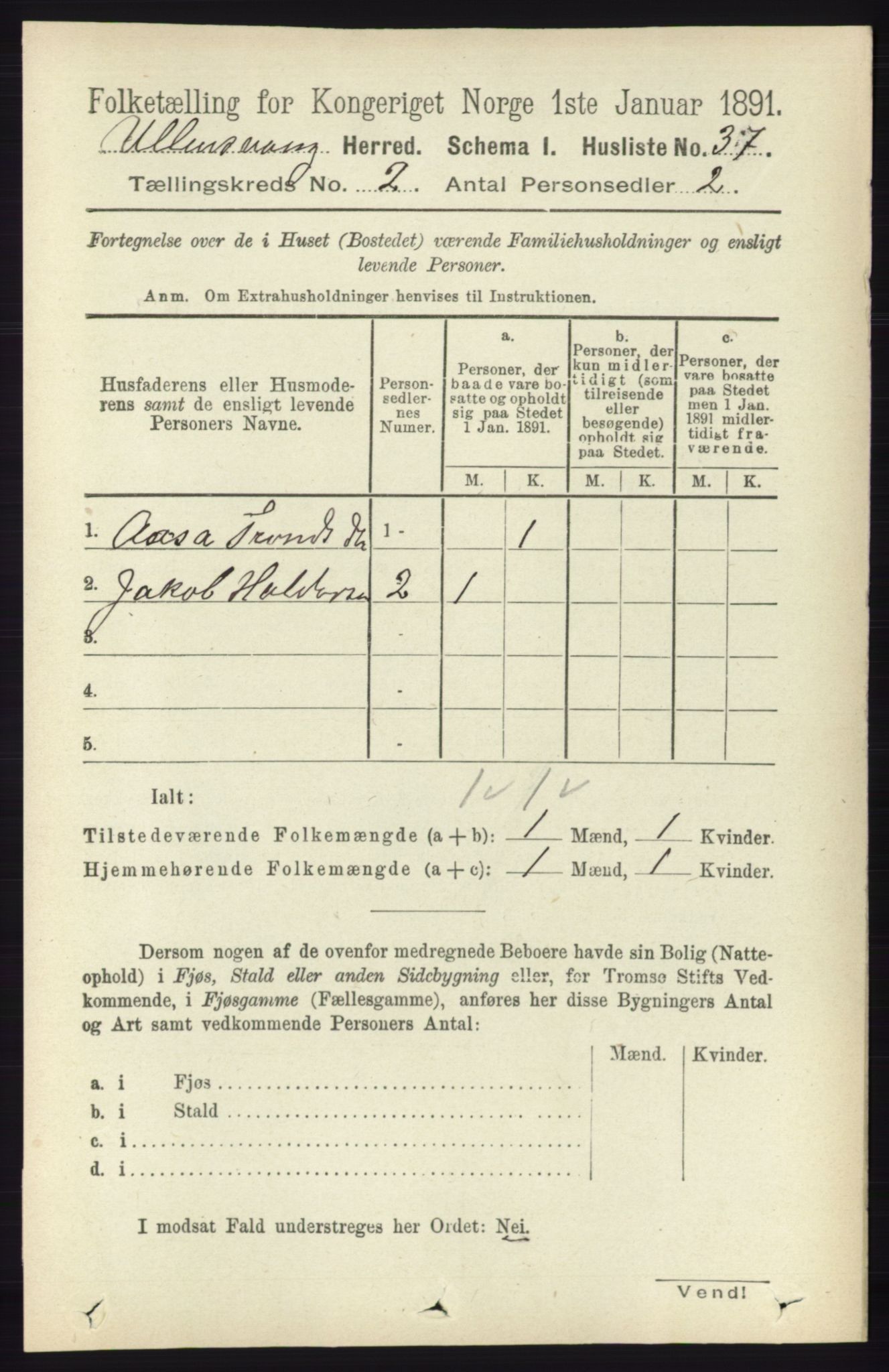 RA, 1891 census for 1230 Ullensvang, 1891, p. 318