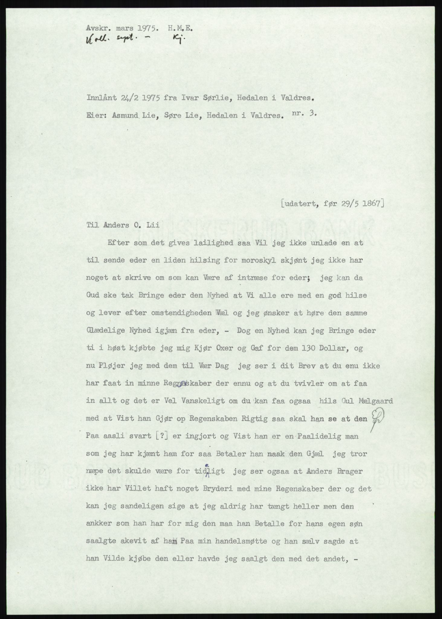 Samlinger til kildeutgivelse, Amerikabrevene, AV/RA-EA-4057/F/L0012: Innlån fra Oppland: Lie (brevnr 1-78), 1838-1914, p. 41