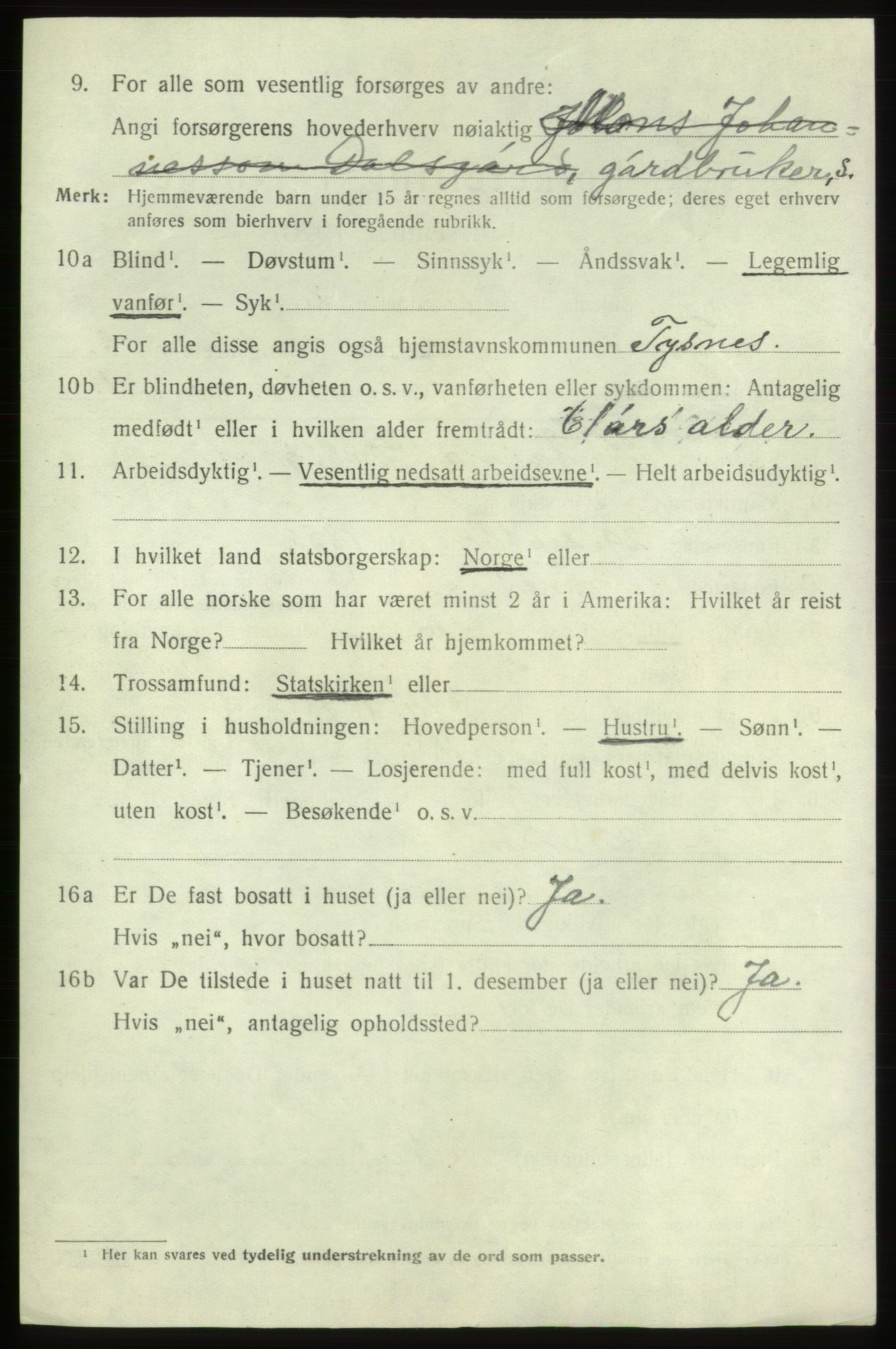 SAB, 1920 census for Tysnes, 1920, p. 5275