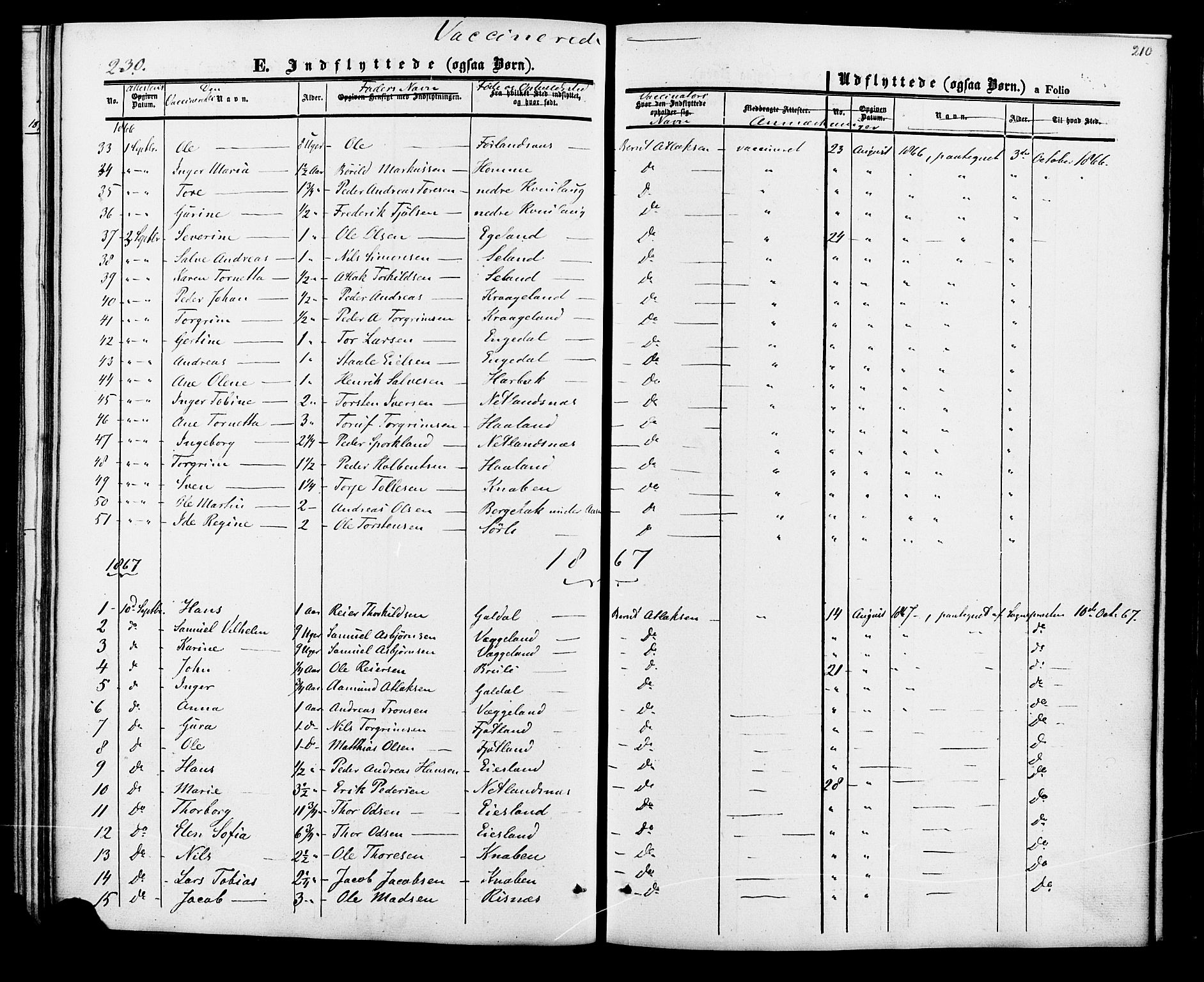 Fjotland sokneprestkontor, SAK/1111-0010/F/Fa/L0001: Parish register (official) no. A 1, 1850-1879, p. 210