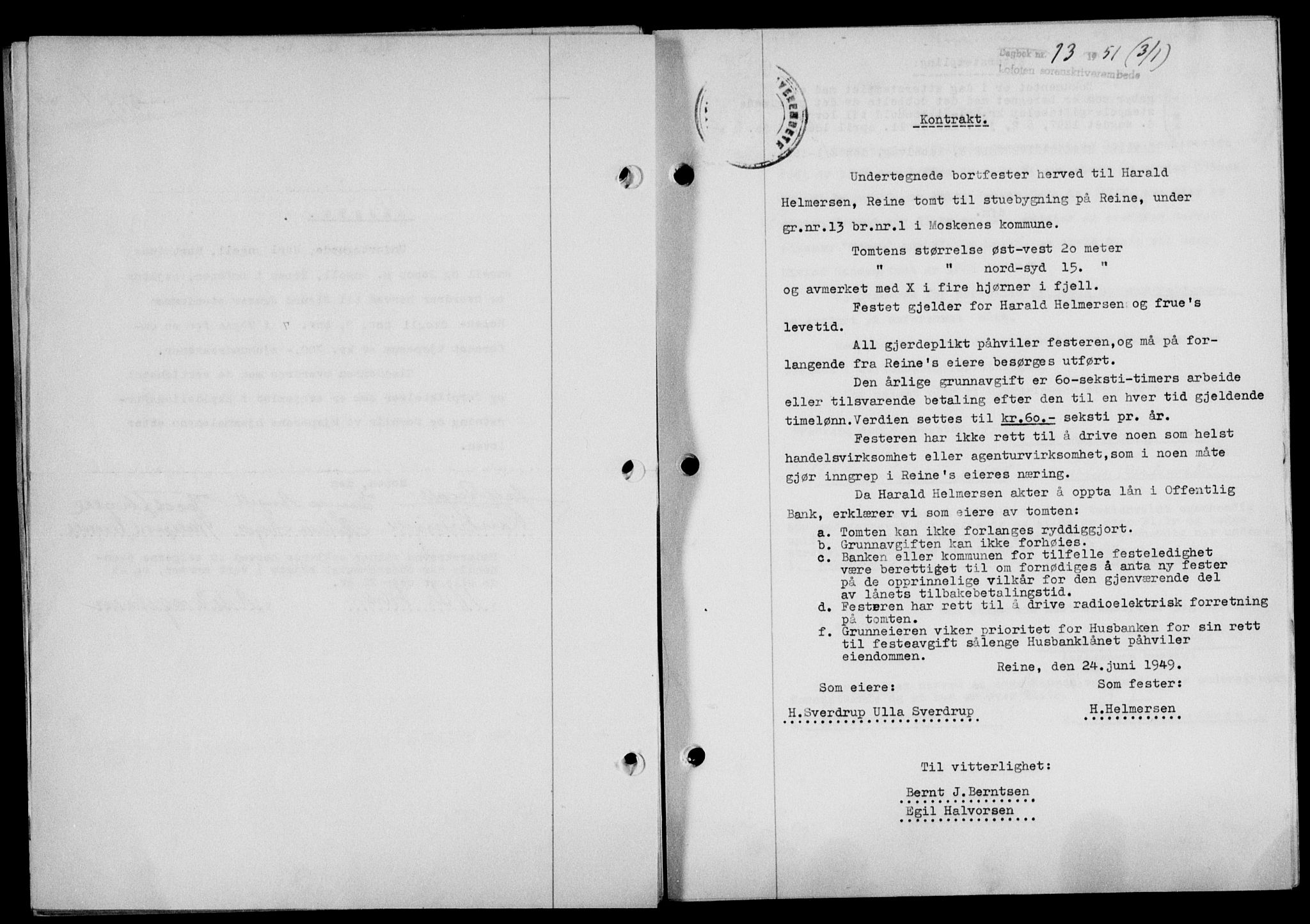 Lofoten sorenskriveri, SAT/A-0017/1/2/2C/L0025a: Mortgage book no. 25a, 1950-1951, Diary no: : 13/1951