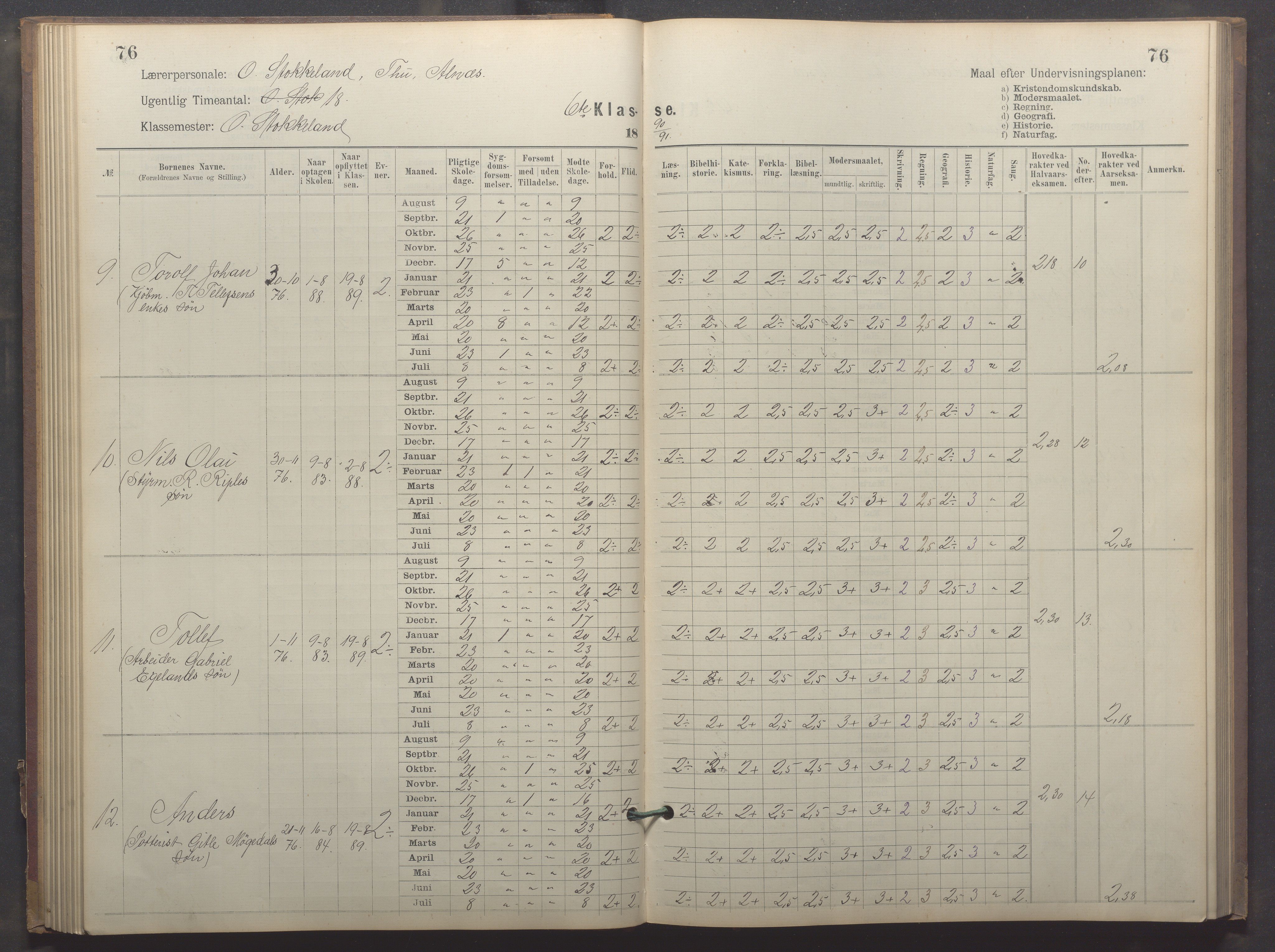 Egersund kommune (Ladested) - Egersund almueskole/folkeskole, IKAR/K-100521/H/L0023: Skoleprotokoll - Almueskolen, 6. klasse, 1886-1892, p. 76