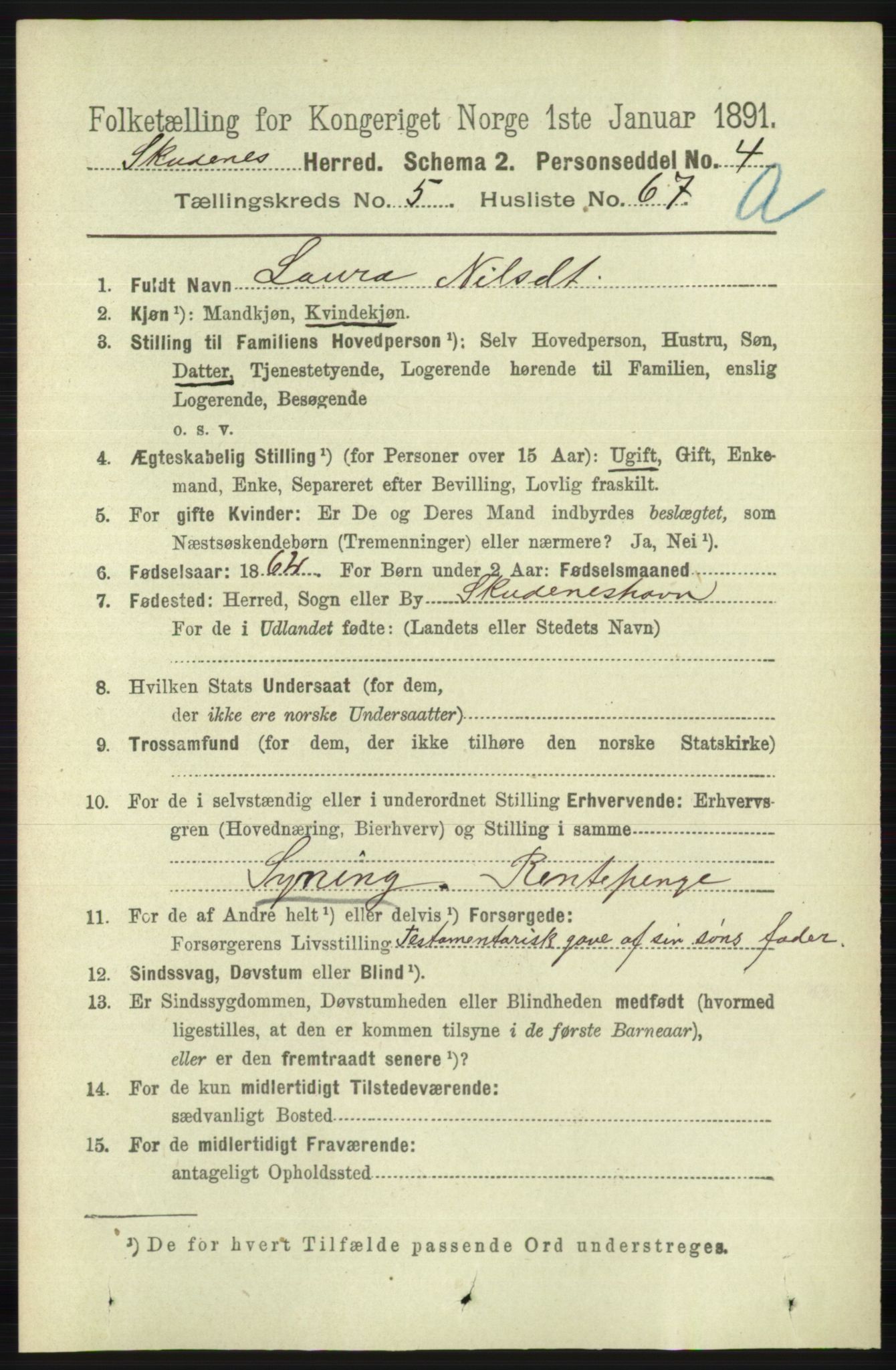 RA, 1891 census for 1150 Skudenes, 1891, p. 2899