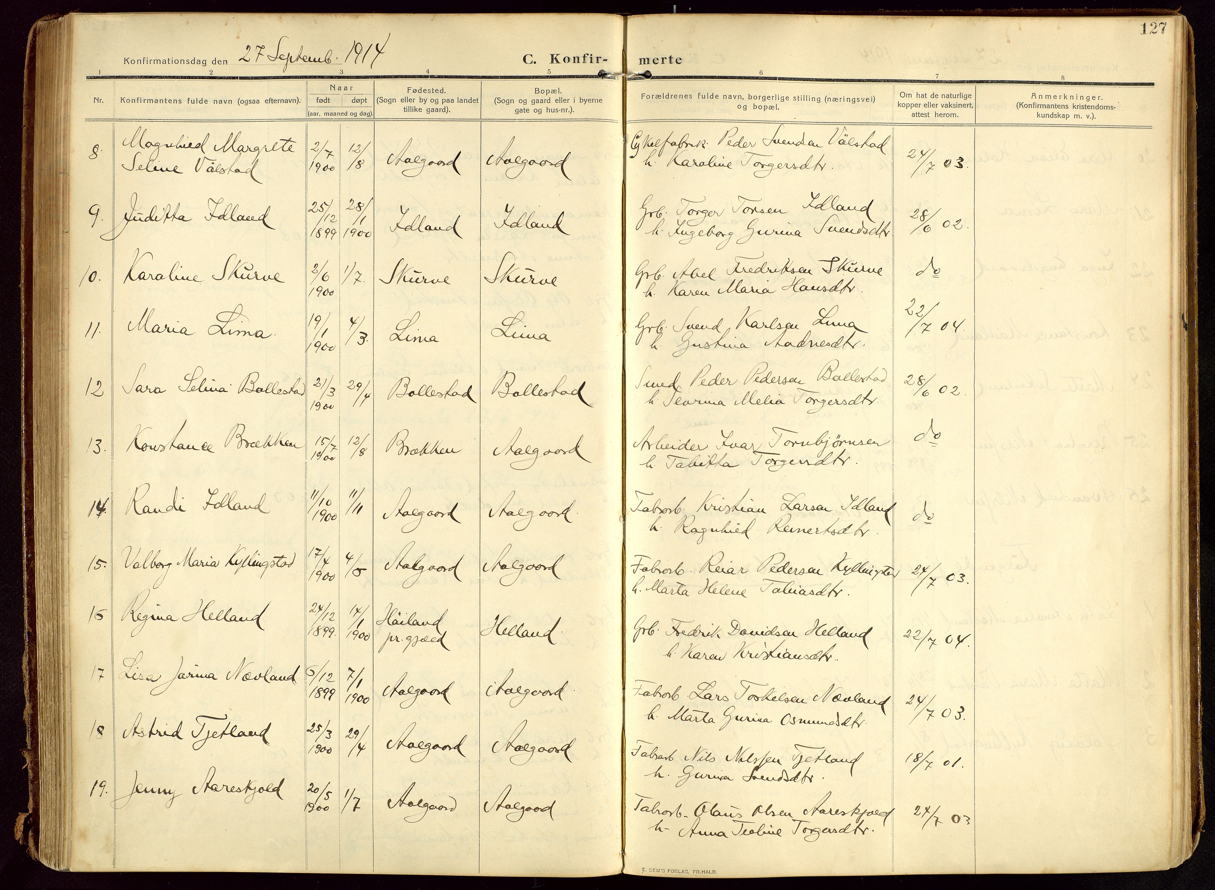 Lye sokneprestkontor, AV/SAST-A-101794/002/B/L0001: Parish register (official) no. A 13, 1910-1925, p. 127