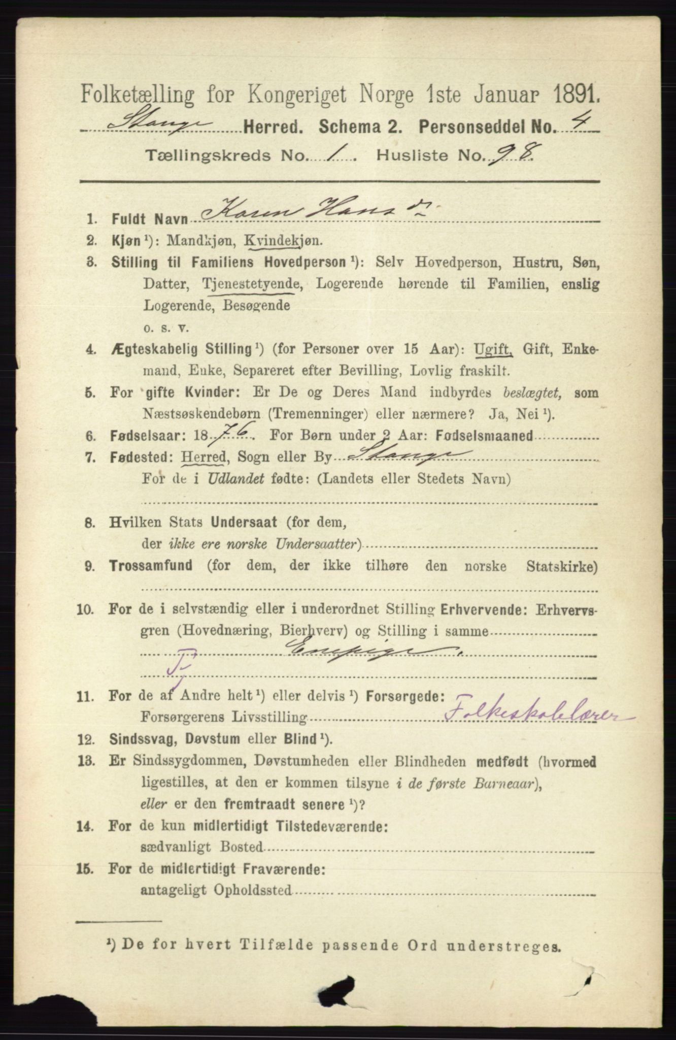 RA, 1891 census for 0417 Stange, 1891, p. 836