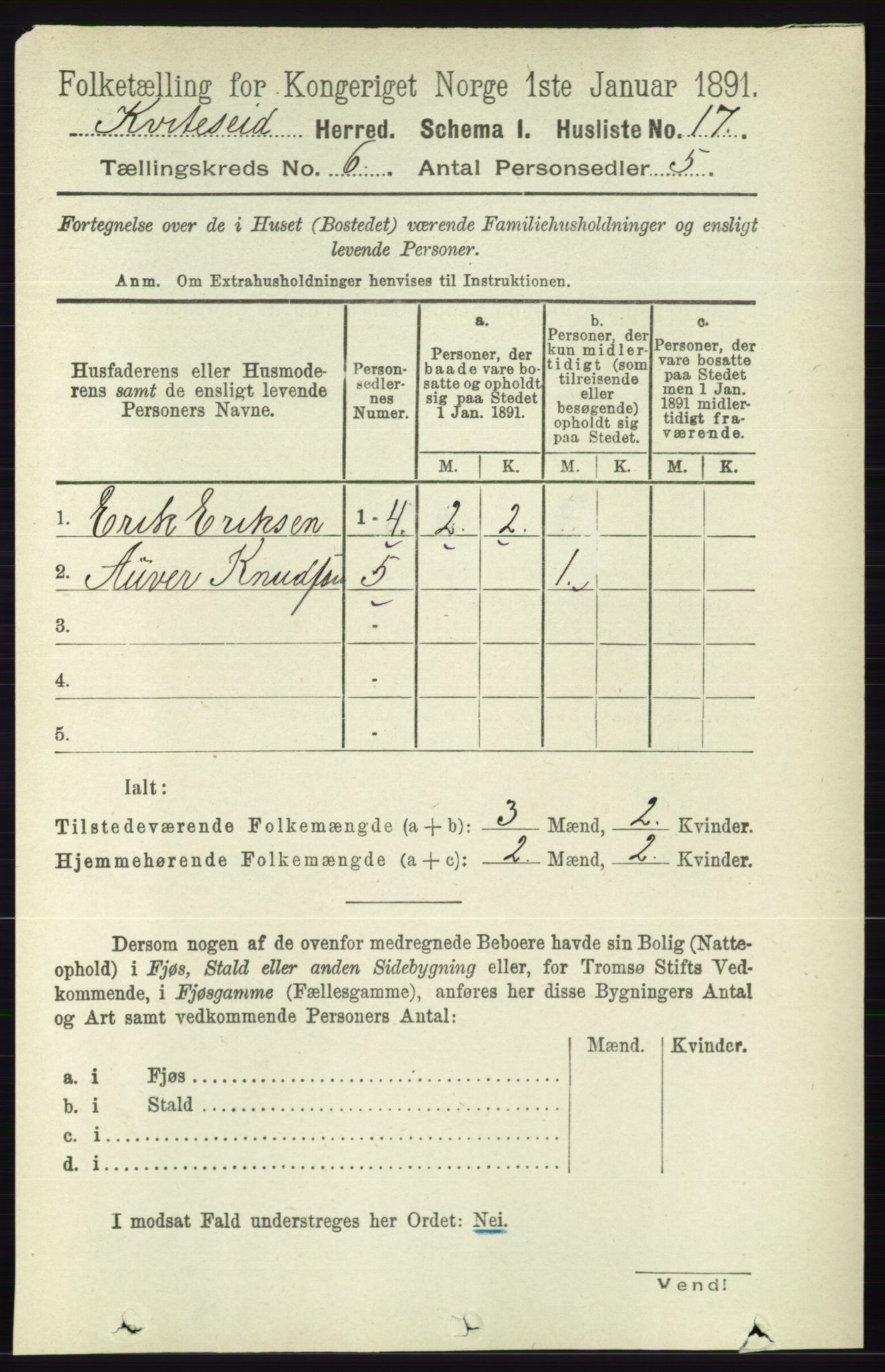 RA, 1891 census for 0829 Kviteseid, 1891, p. 1156