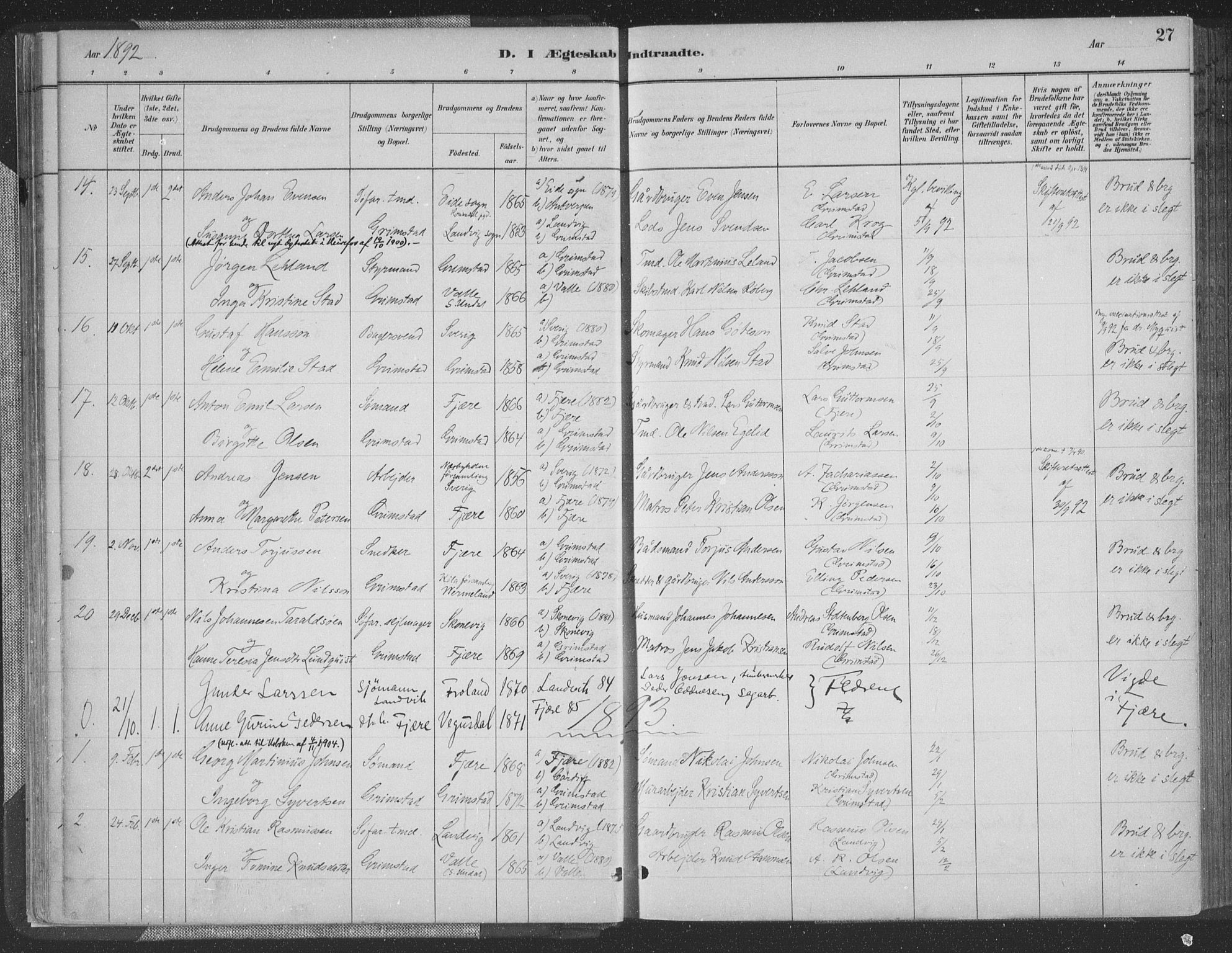 Grimstad sokneprestkontor, SAK/1111-0017/F/Fa/L0004: Parish register (official) no. A 3, 1882-1910, p. 27