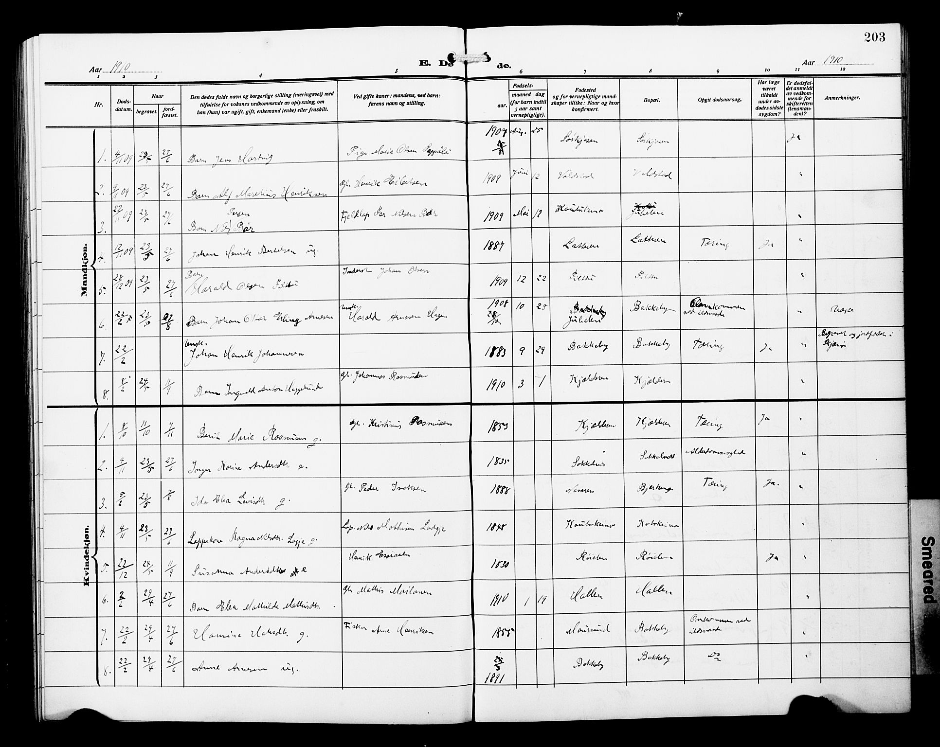 Skjervøy sokneprestkontor, AV/SATØ-S-1300/H/Ha/Hab/L0022klokker: Parish register (copy) no. 22, 1910-1926, p. 203