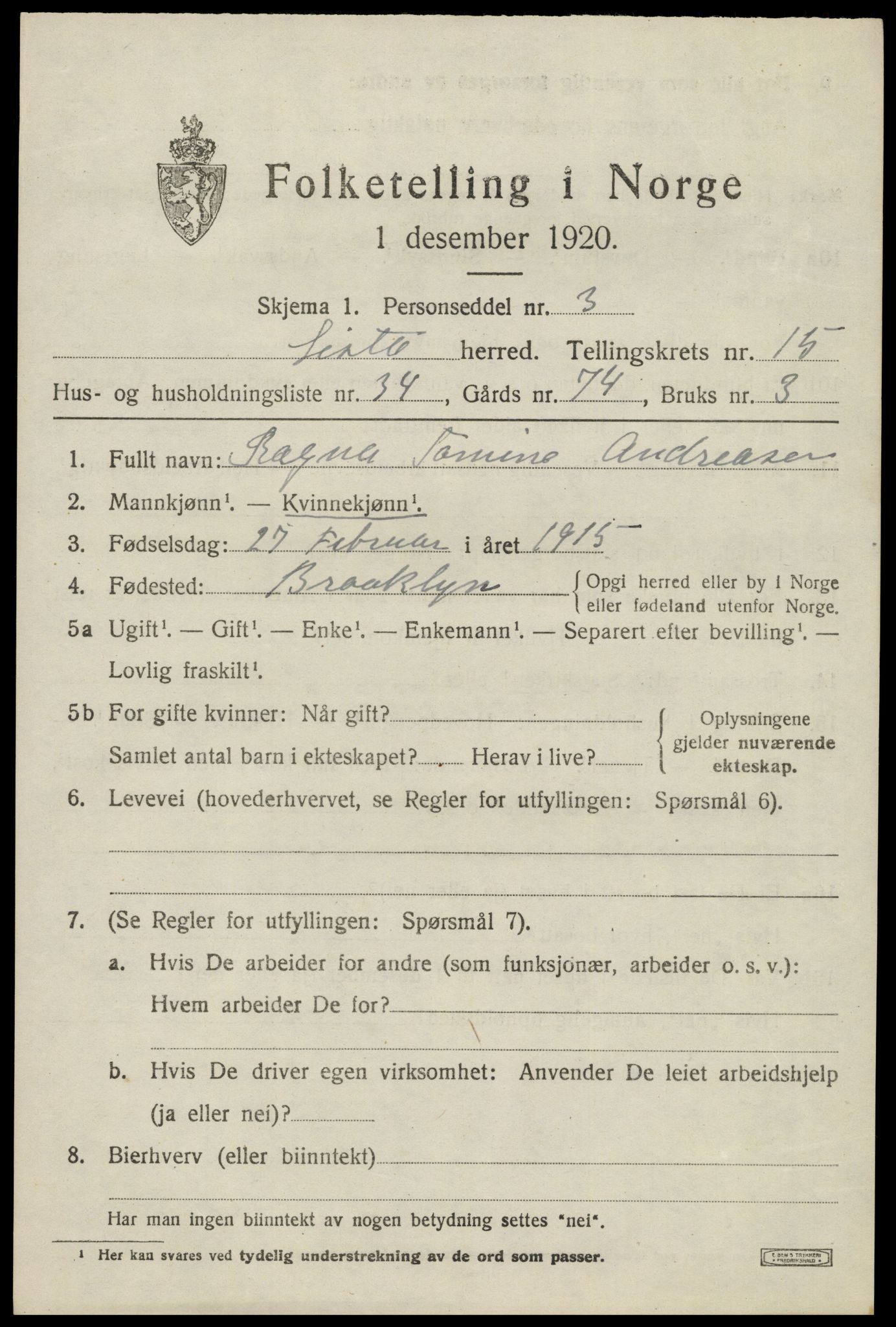 SAK, 1920 census for Lista, 1920, p. 12879