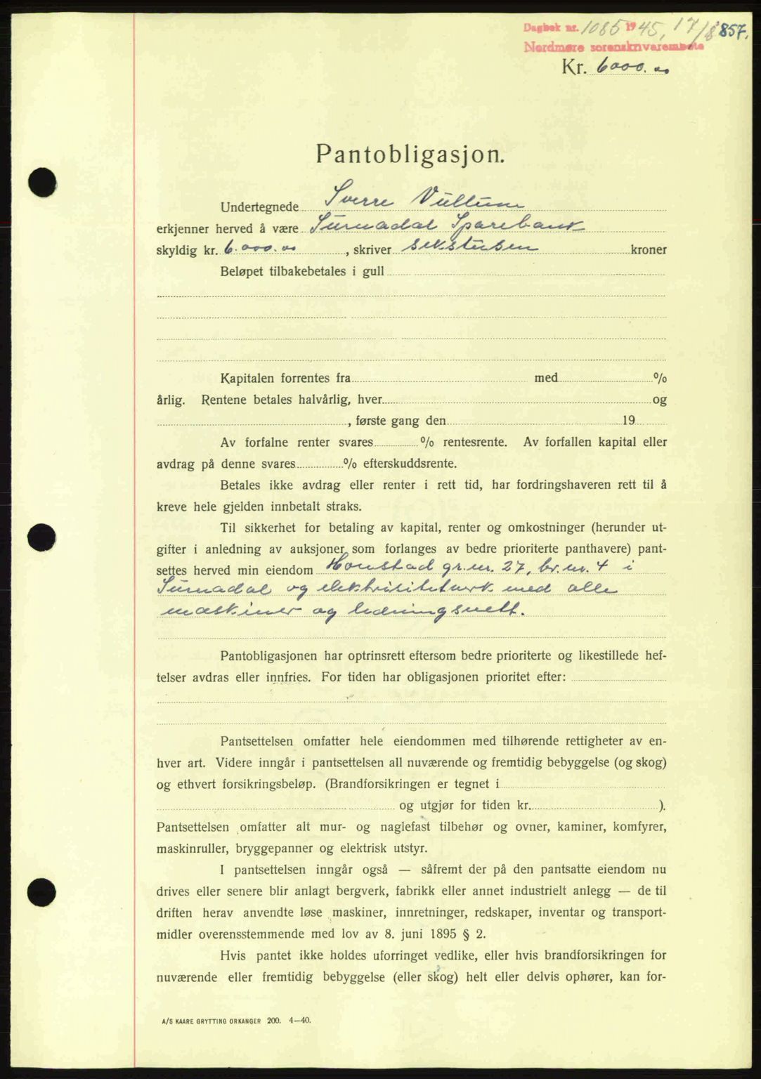 Nordmøre sorenskriveri, AV/SAT-A-4132/1/2/2Ca: Mortgage book no. B92, 1944-1945, Diary no: : 1085/1945