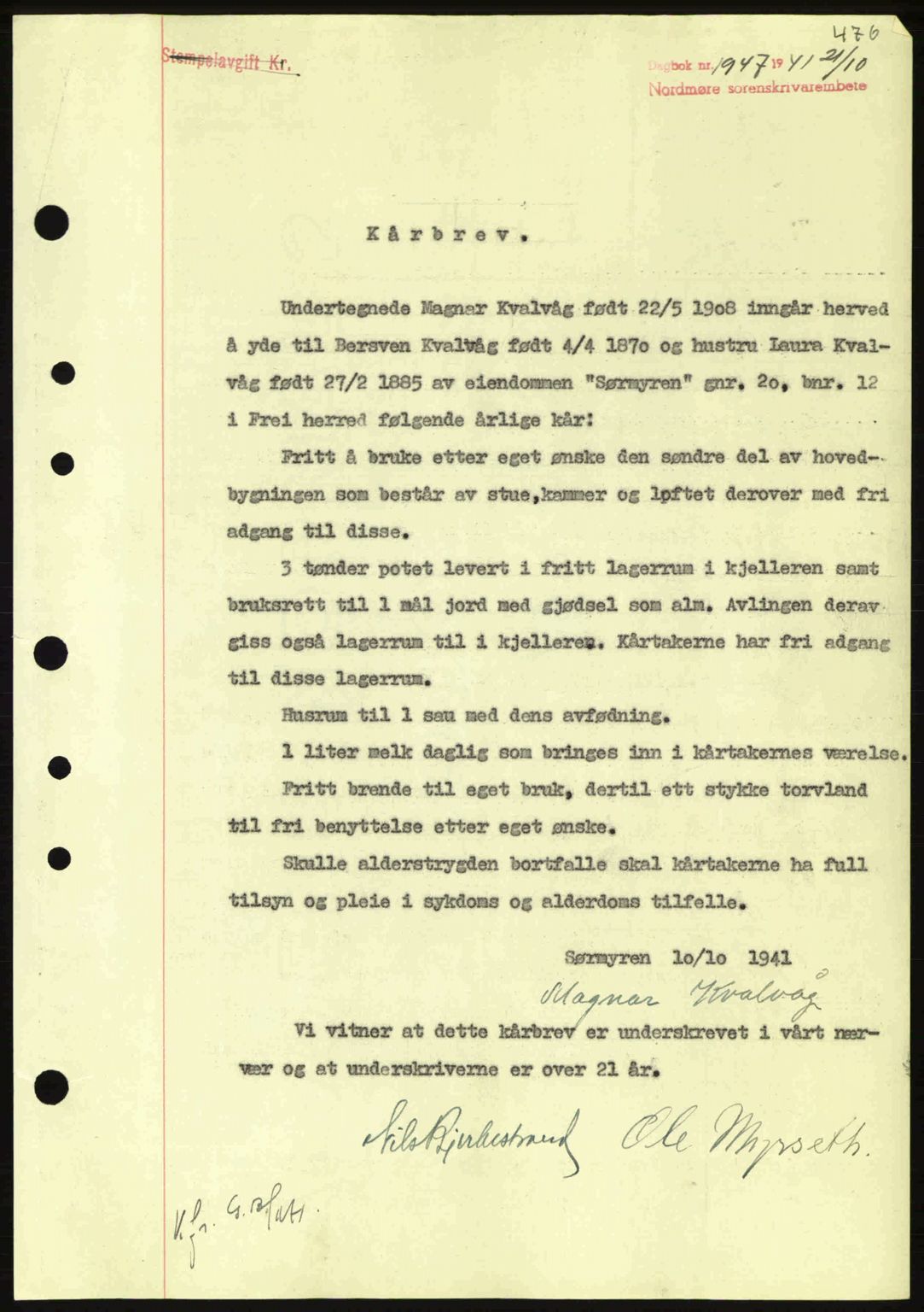 Nordmøre sorenskriveri, AV/SAT-A-4132/1/2/2Ca: Mortgage book no. B88, 1941-1942, Diary no: : 1947/1941