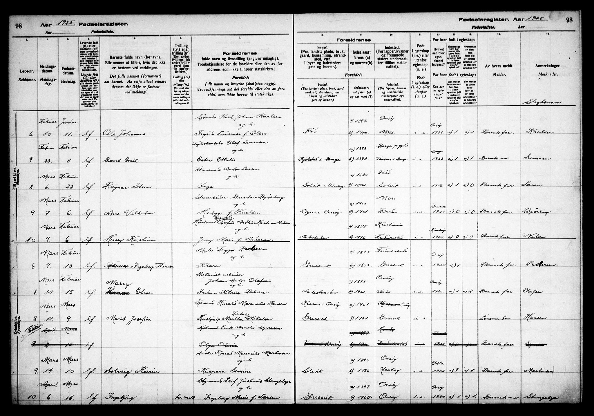 Onsøy prestekontor Kirkebøker, SAO/A-10914/J/Jb/L0001: Birth register no. II 1, 1916-1938, p. 98