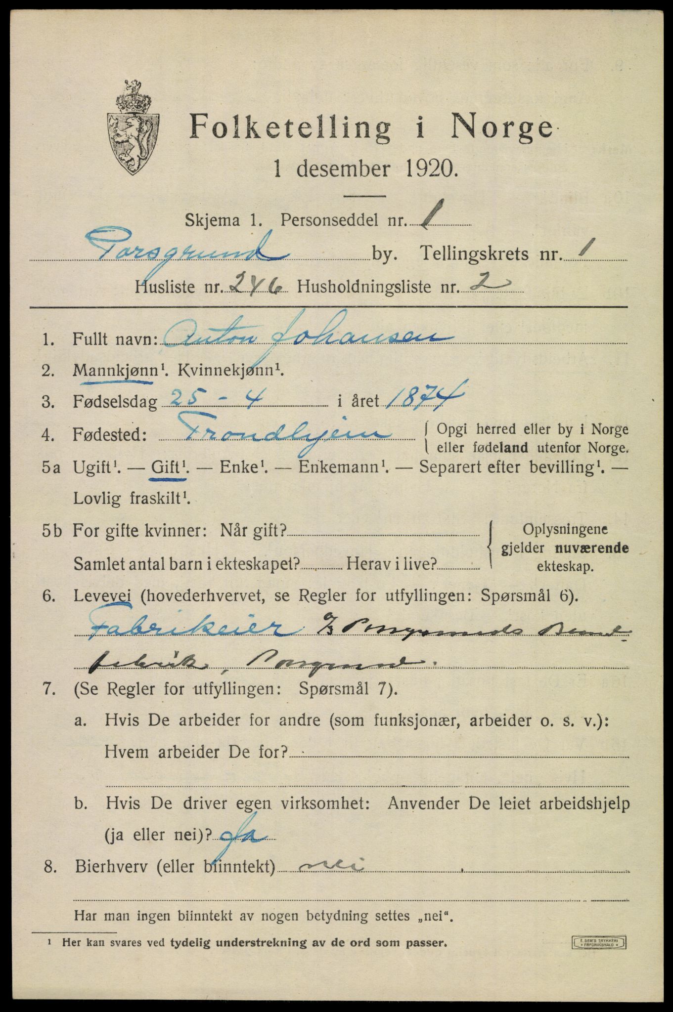 SAKO, 1920 census for Porsgrunn, 1920, p. 10029