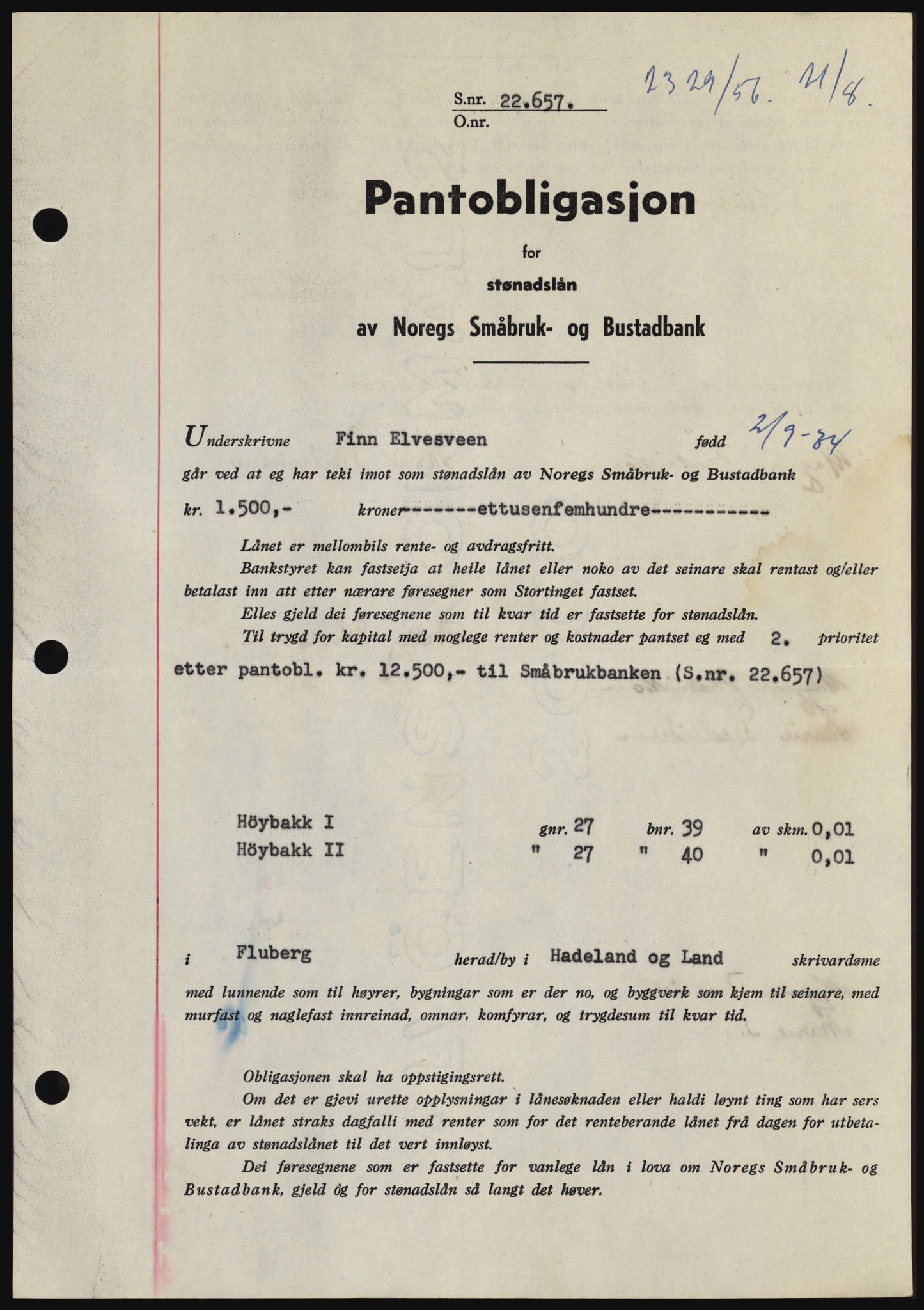 Hadeland og Land tingrett, SAH/TING-010/H/Hb/Hbc/L0034: Mortgage book no. B34, 1956-1956, Diary no: : 2329/1956