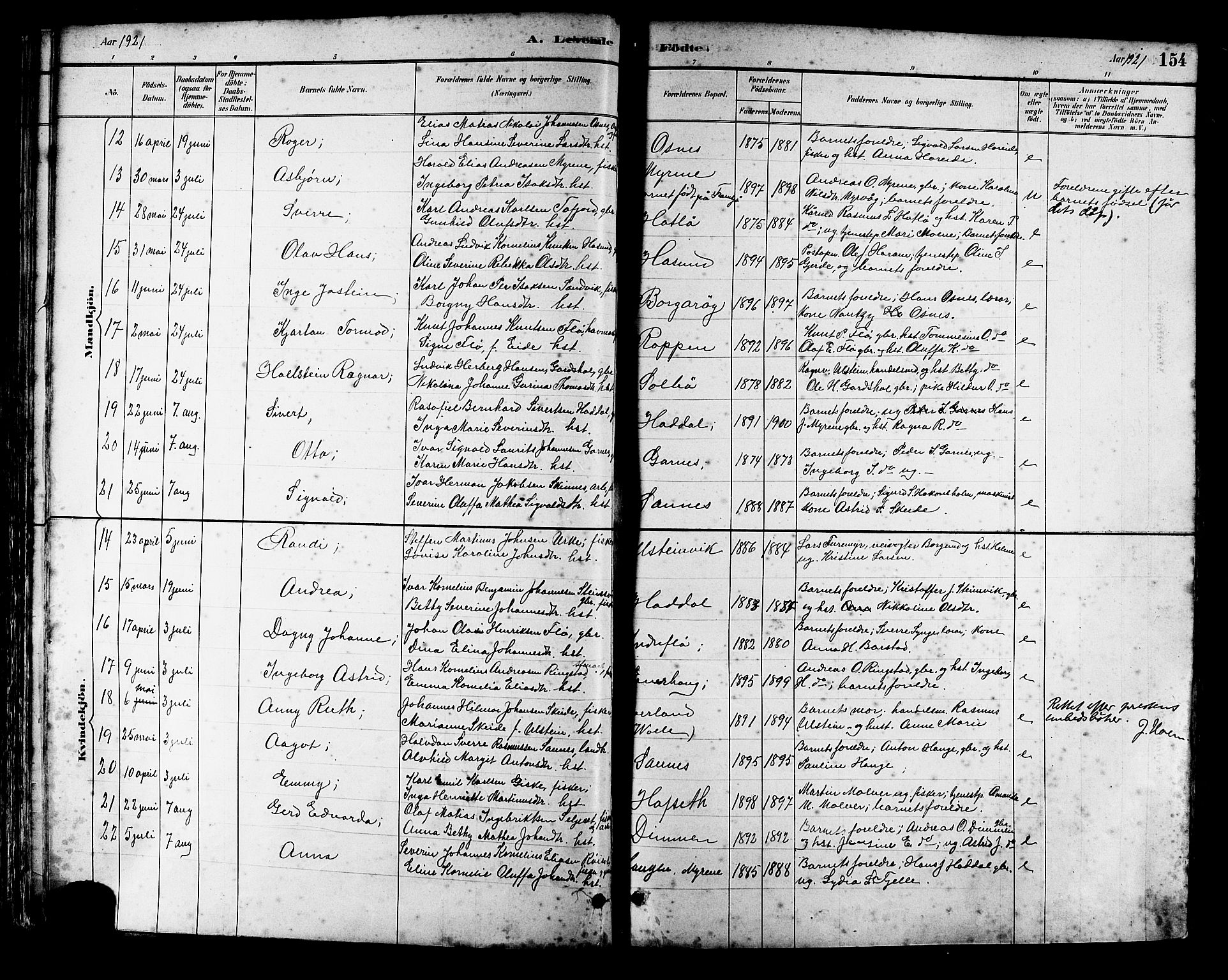 Ministerialprotokoller, klokkerbøker og fødselsregistre - Møre og Romsdal, SAT/A-1454/509/L0112: Parish register (copy) no. 509C02, 1883-1922, p. 154
