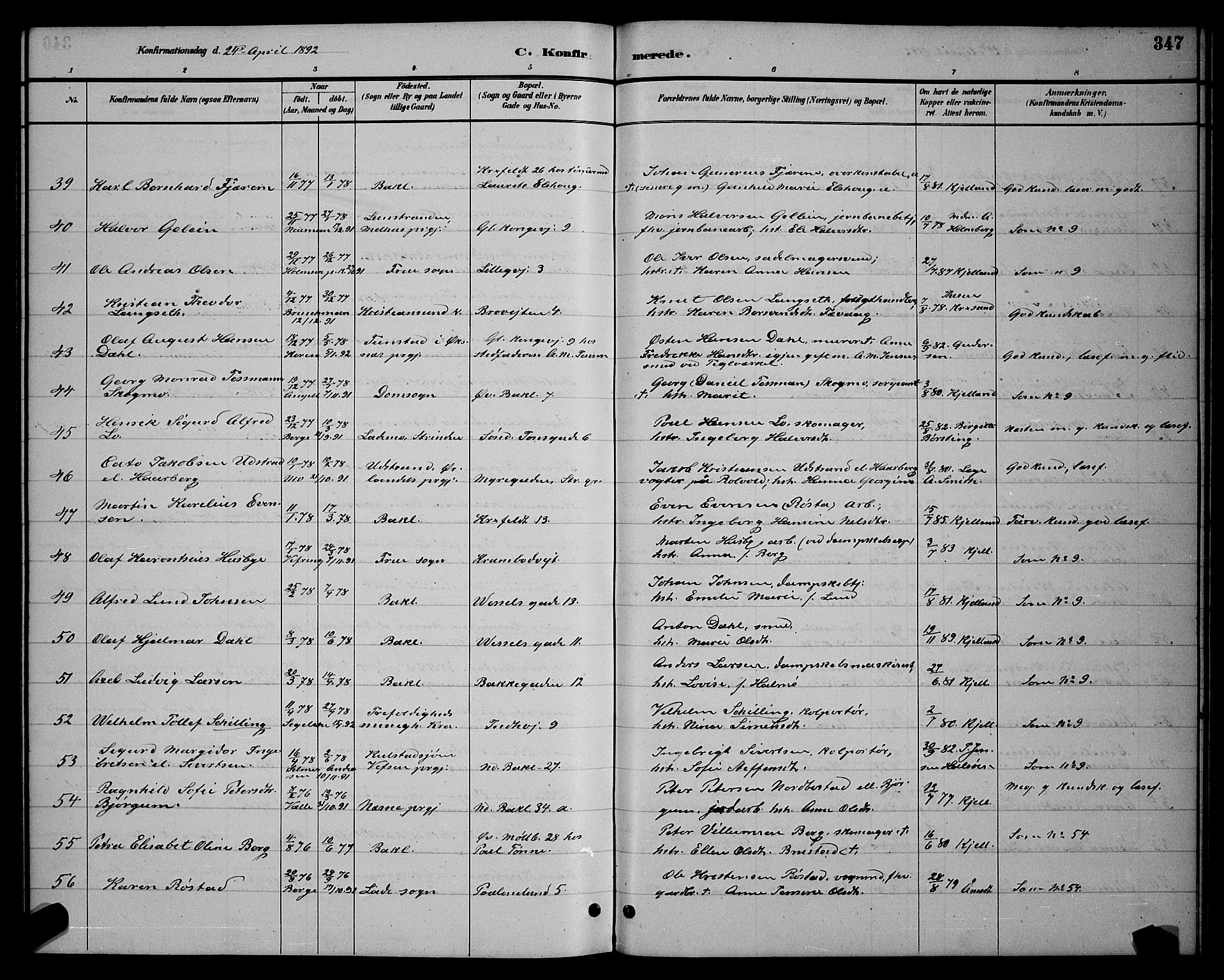 Ministerialprotokoller, klokkerbøker og fødselsregistre - Sør-Trøndelag, SAT/A-1456/604/L0222: Parish register (copy) no. 604C05, 1886-1895, p. 347