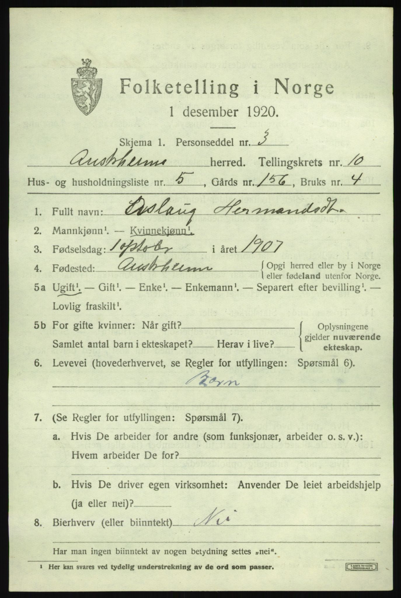 SAB, 1920 census for Austrheim, 1920, p. 3536