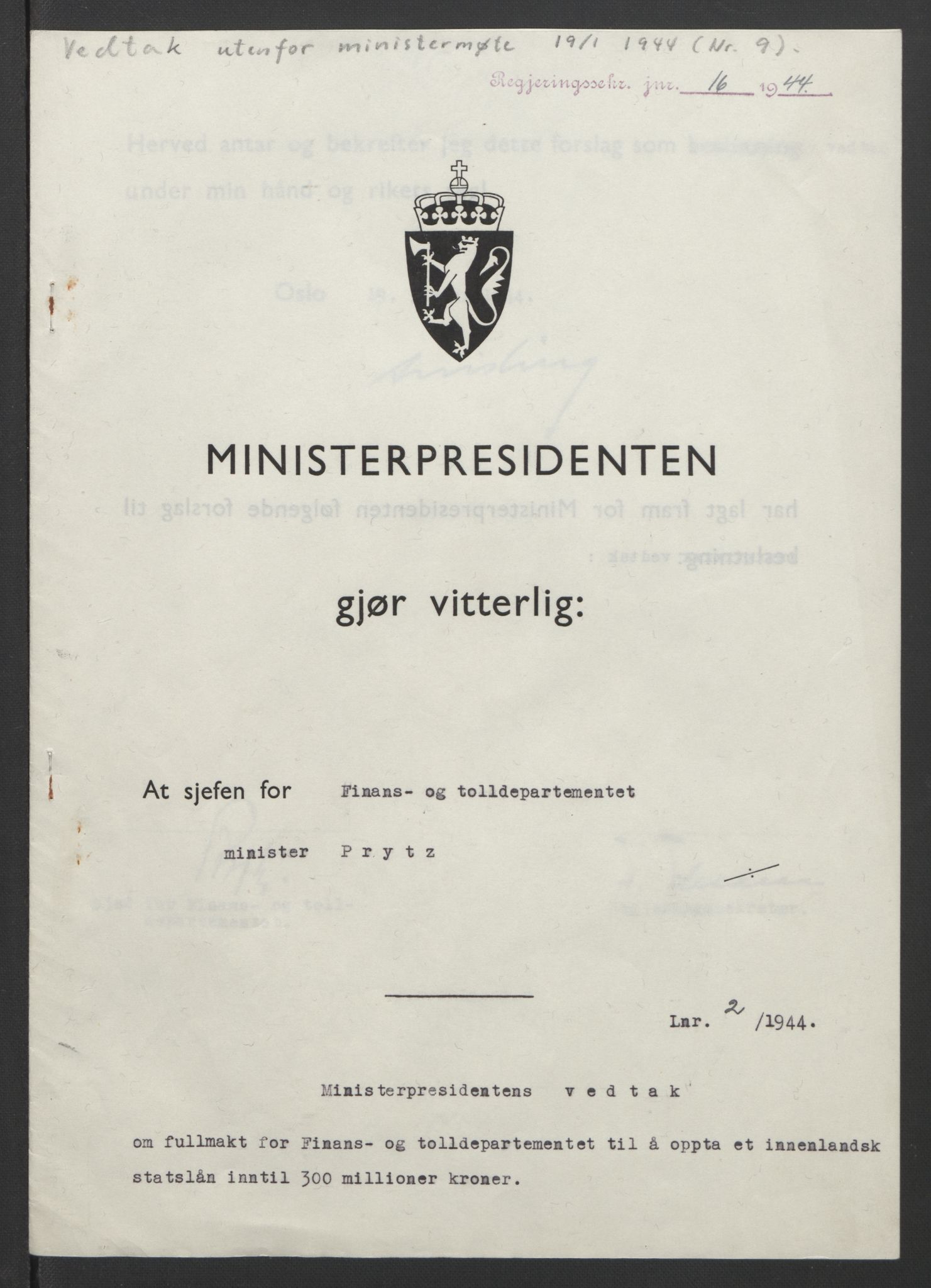 NS-administrasjonen 1940-1945 (Statsrådsekretariatet, de kommisariske statsråder mm), AV/RA-S-4279/D/Db/L0090: Foredrag til vedtak utenfor ministermøte, 1942-1945, p. 157