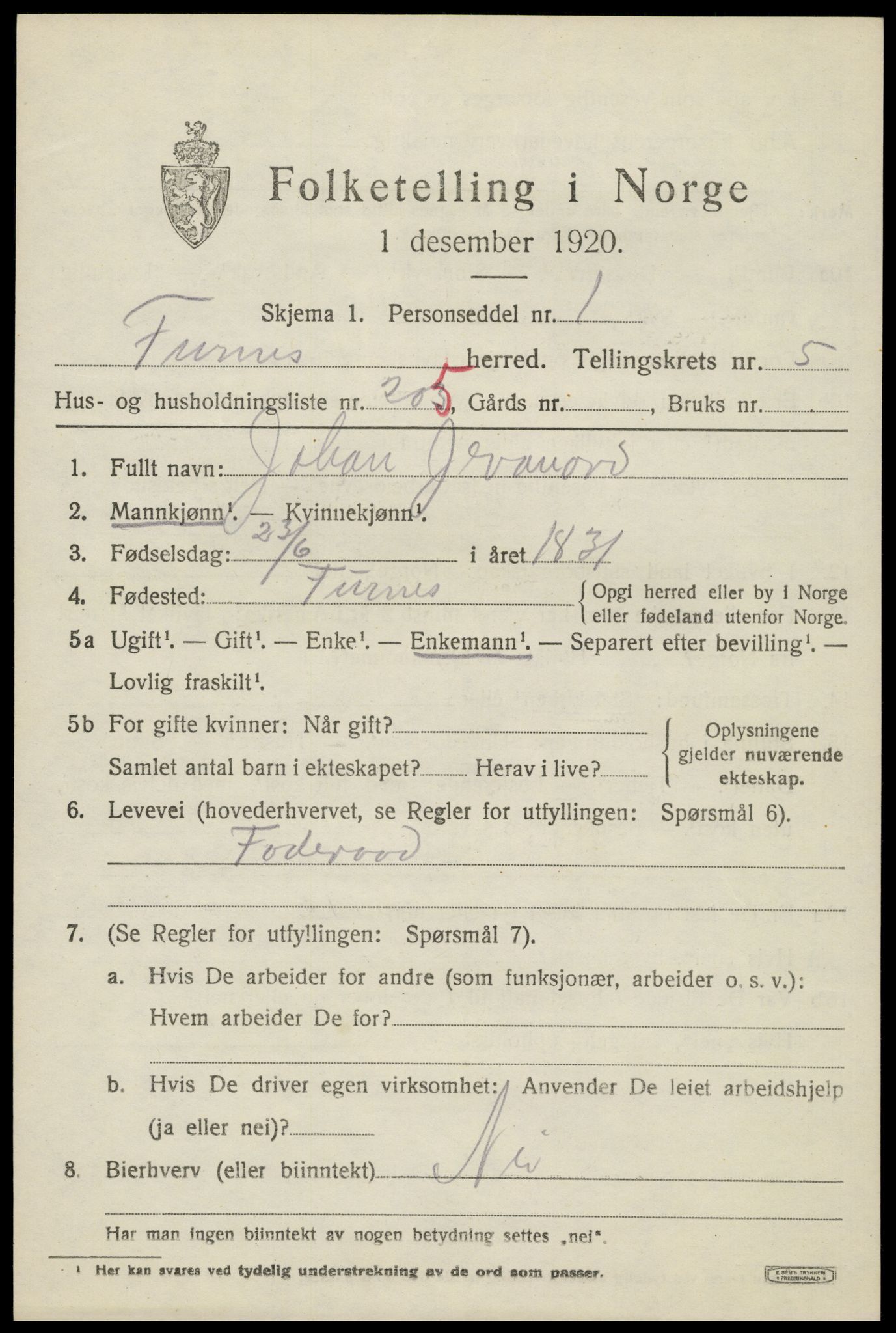 SAH, 1920 census for Furnes, 1920, p. 9613