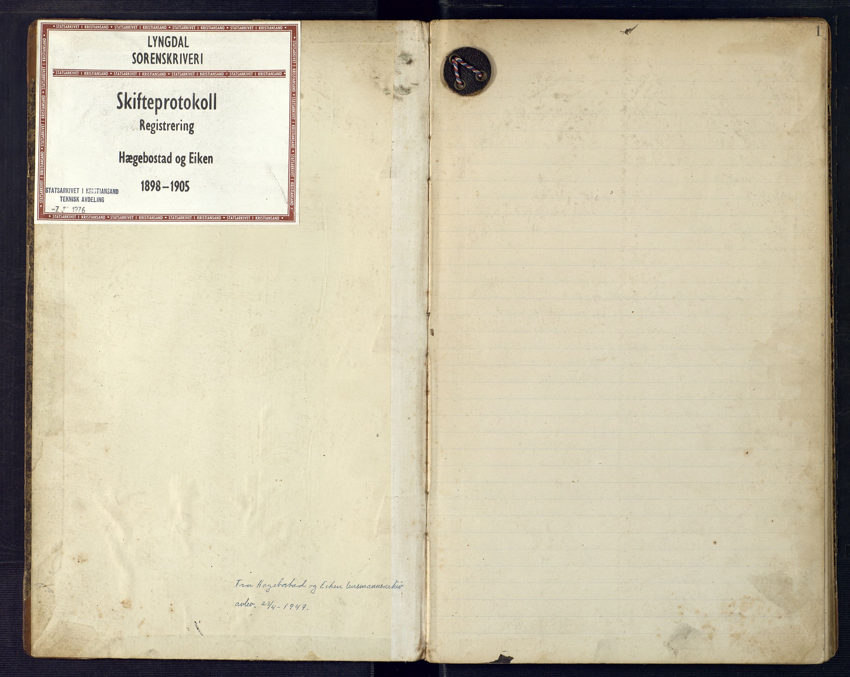 Lyngdal sorenskriveri, AV/SAK-1221-0004/H/Hc/L0862: Skifteregistreringsprotokoll nr. 12, Hægebostad tinglag, 1898-1905