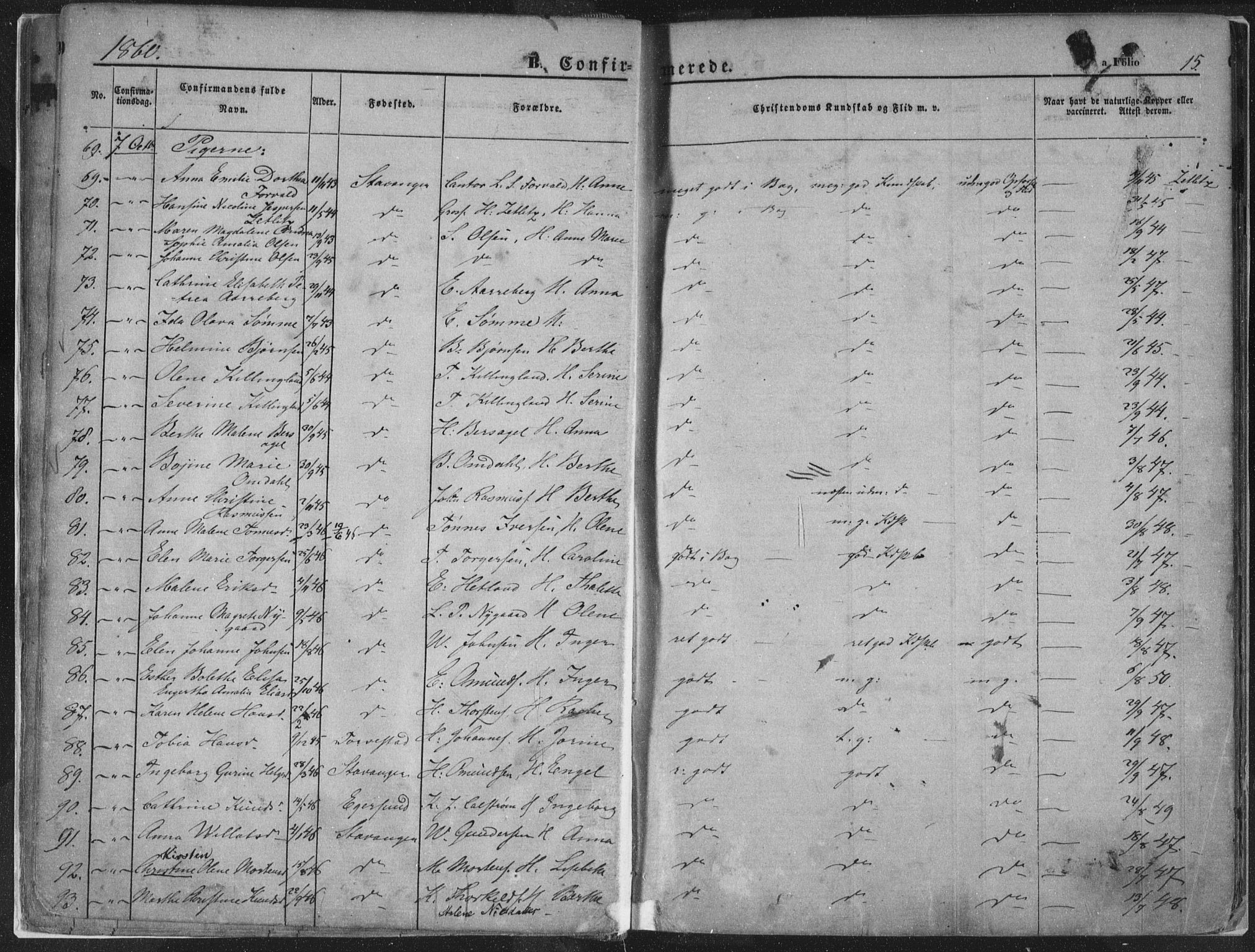 Domkirken sokneprestkontor, AV/SAST-A-101812/001/30/30BA/L0018: Parish register (official) no. A 17, 1857-1877, p. 15