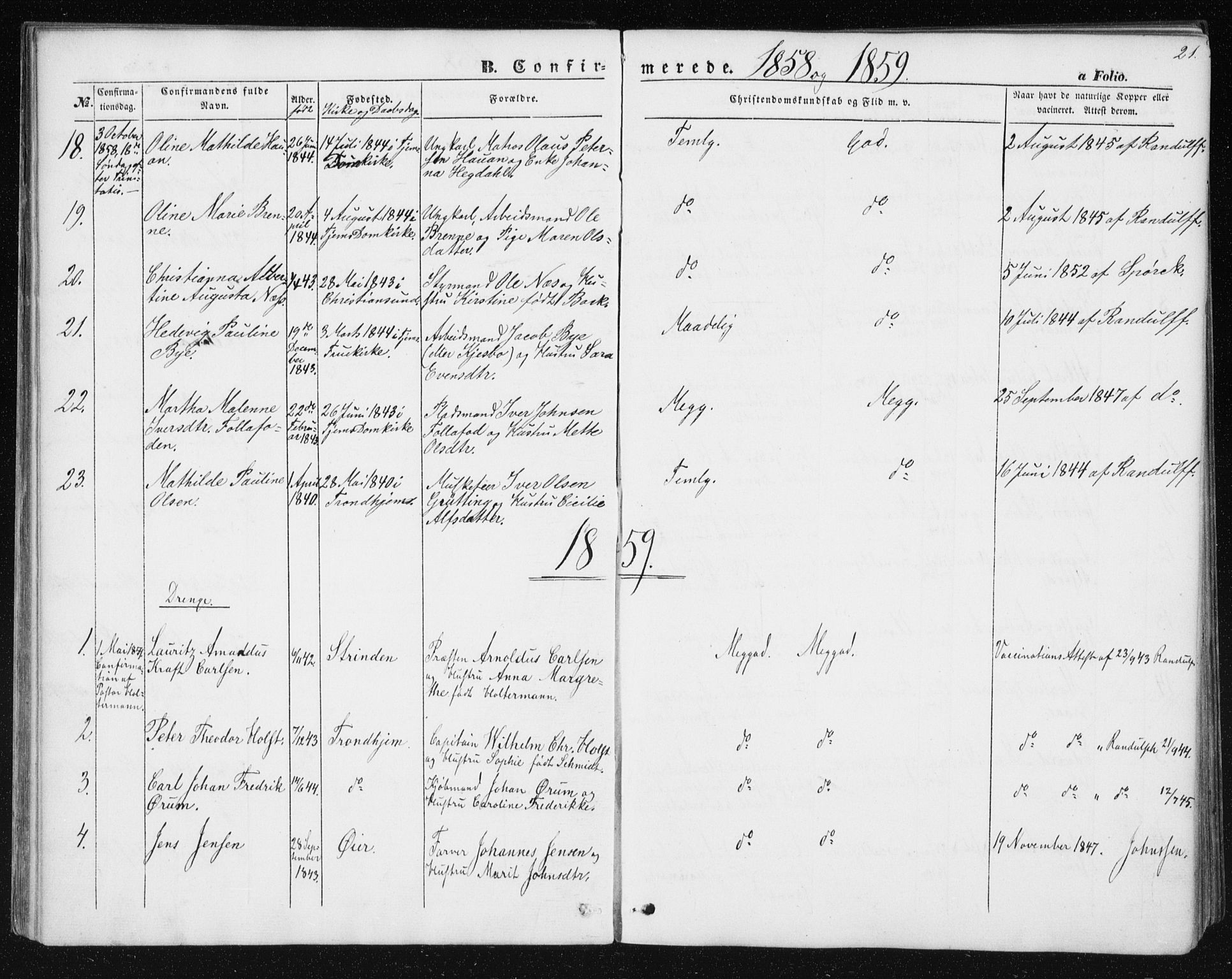 Ministerialprotokoller, klokkerbøker og fødselsregistre - Sør-Trøndelag, SAT/A-1456/602/L0114: Parish register (official) no. 602A12, 1856-1872, p. 21
