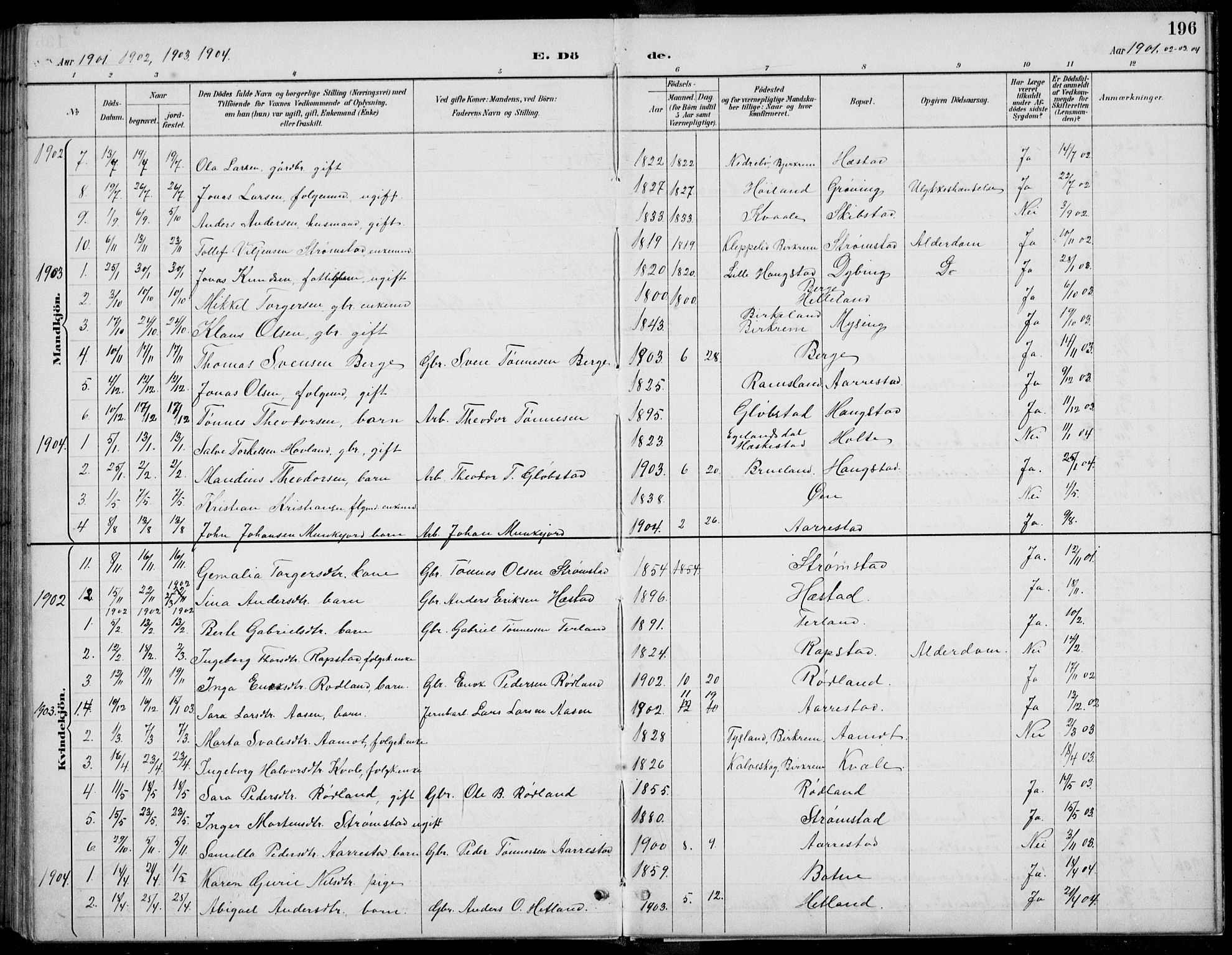 Helleland sokneprestkontor, SAST/A-101810: Parish register (copy) no. B 4, 1887-1941, p. 196