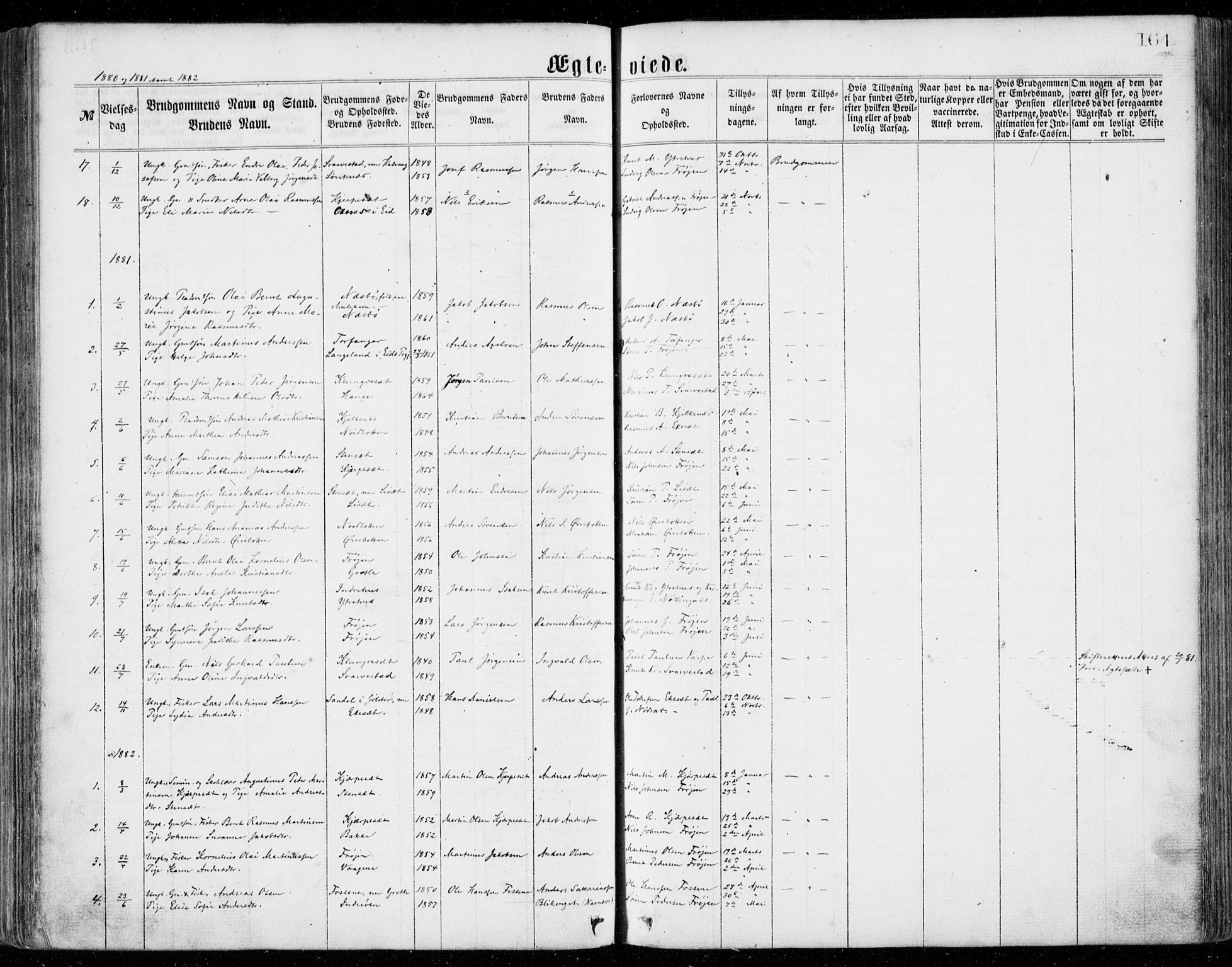 Bremanger sokneprestembete, SAB/A-82201/H/Haa/Haaa/L0001: Parish register (official) no. A  1, 1864-1883, p. 164