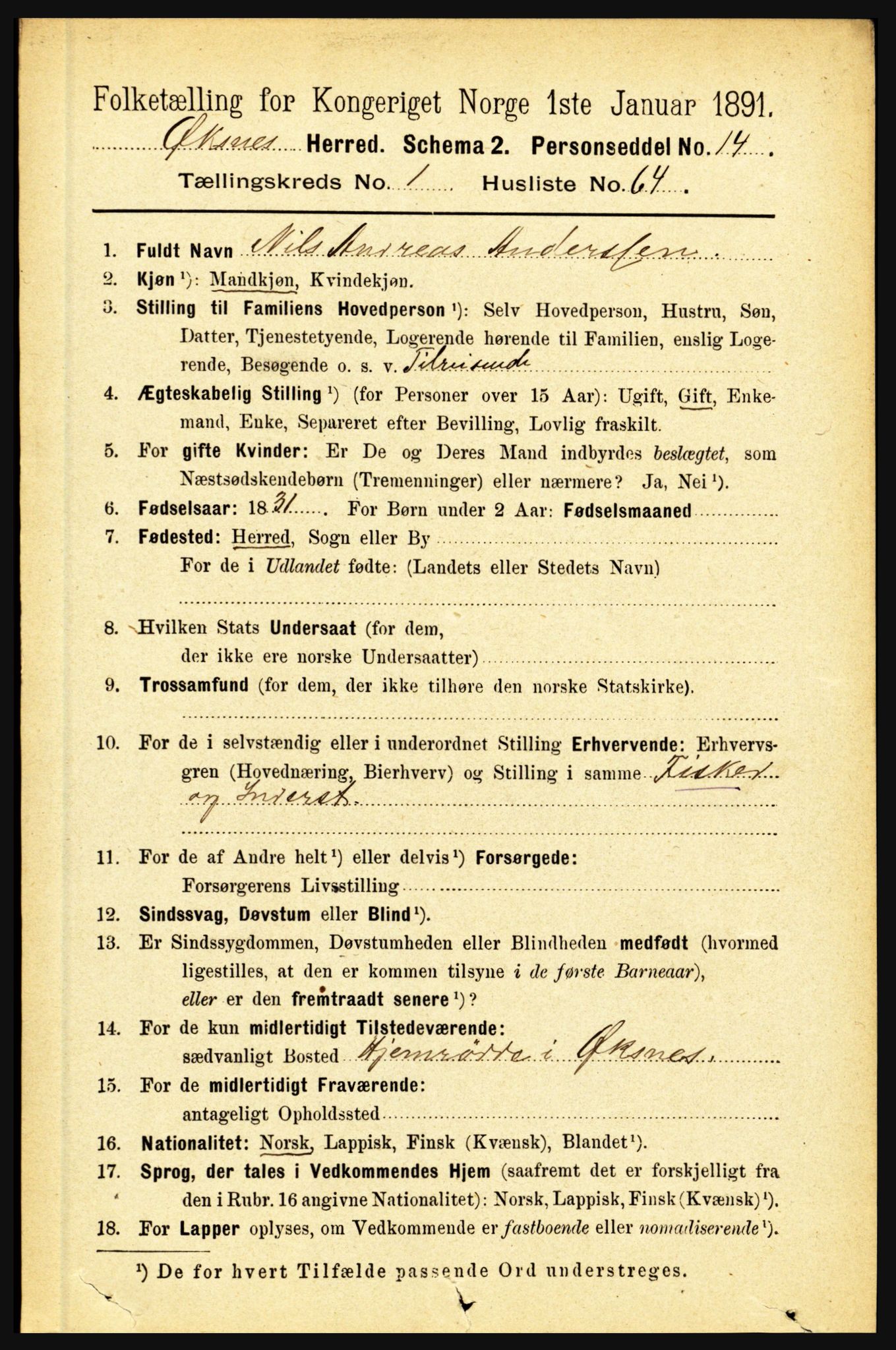 RA, 1891 census for 1868 Øksnes, 1891, p. 593