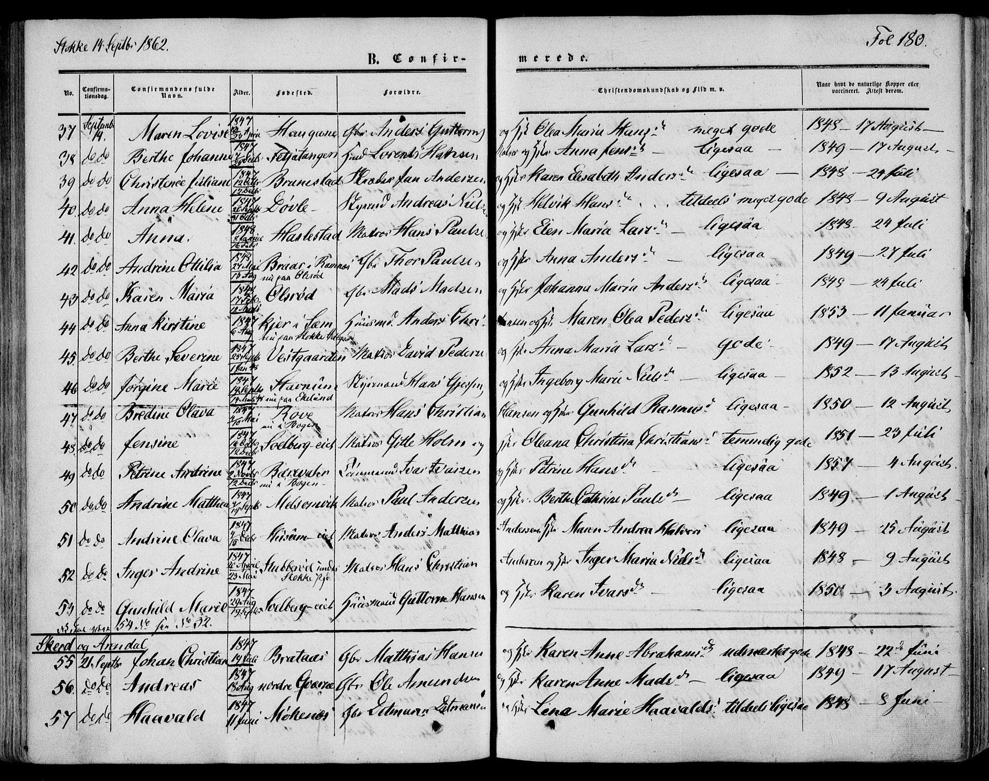 Stokke kirkebøker, AV/SAKO-A-320/F/Fa/L0008: Parish register (official) no. I 8, 1858-1871, p. 180