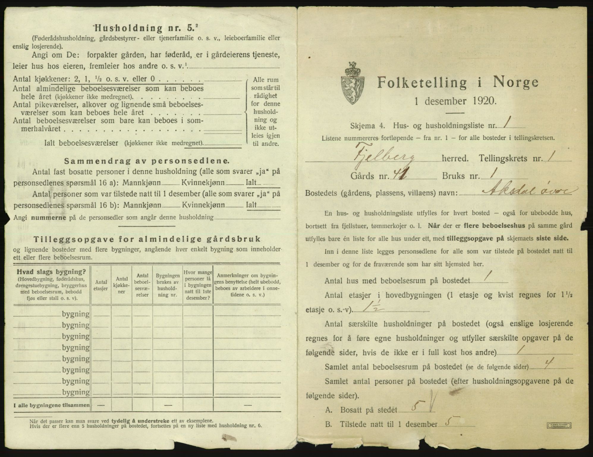 SAB, 1920 census for Fjelberg, 1920, p. 33