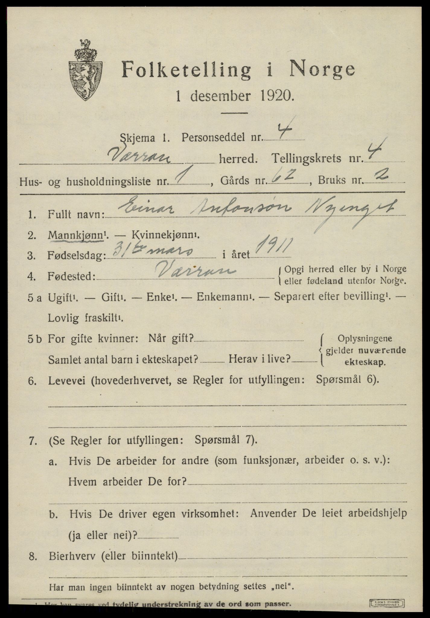 SAT, 1920 census for Verran, 1920, p. 1516