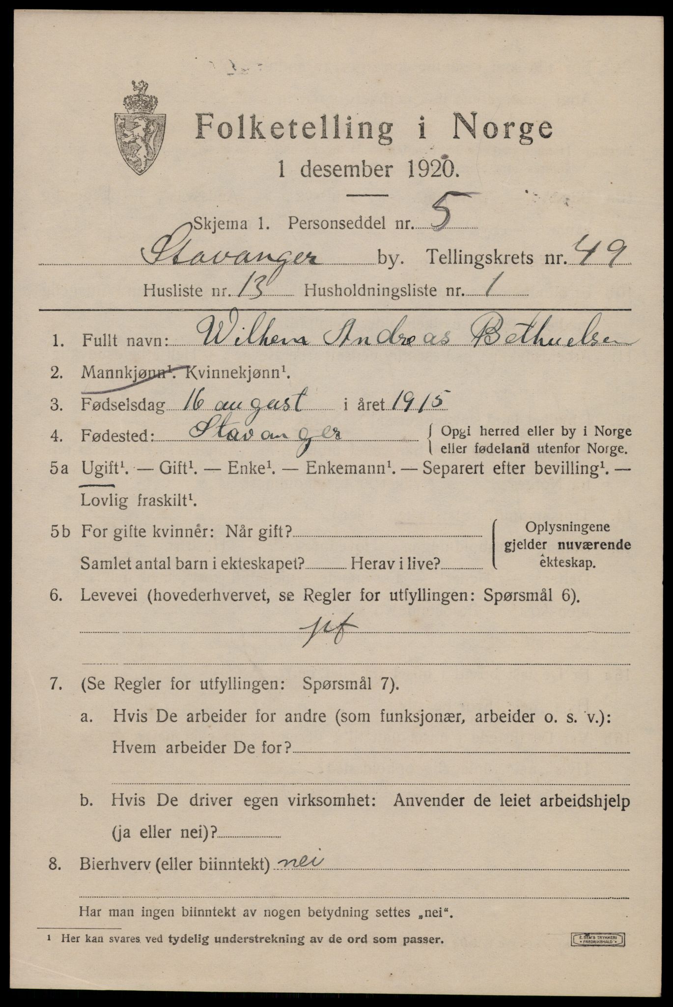 SAST, 1920 census for Stavanger, 1920, p. 118592